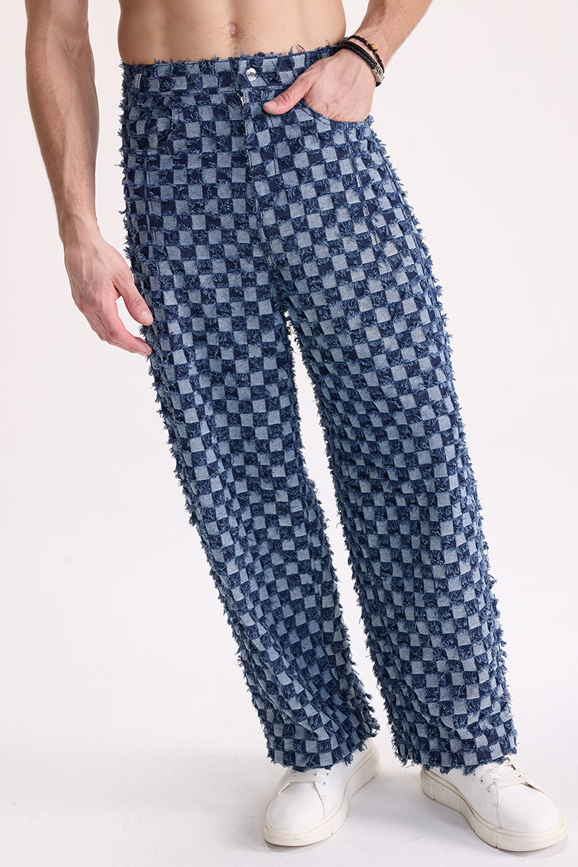 CHECK MATE - Frayed Checkerboard Denim Pants
