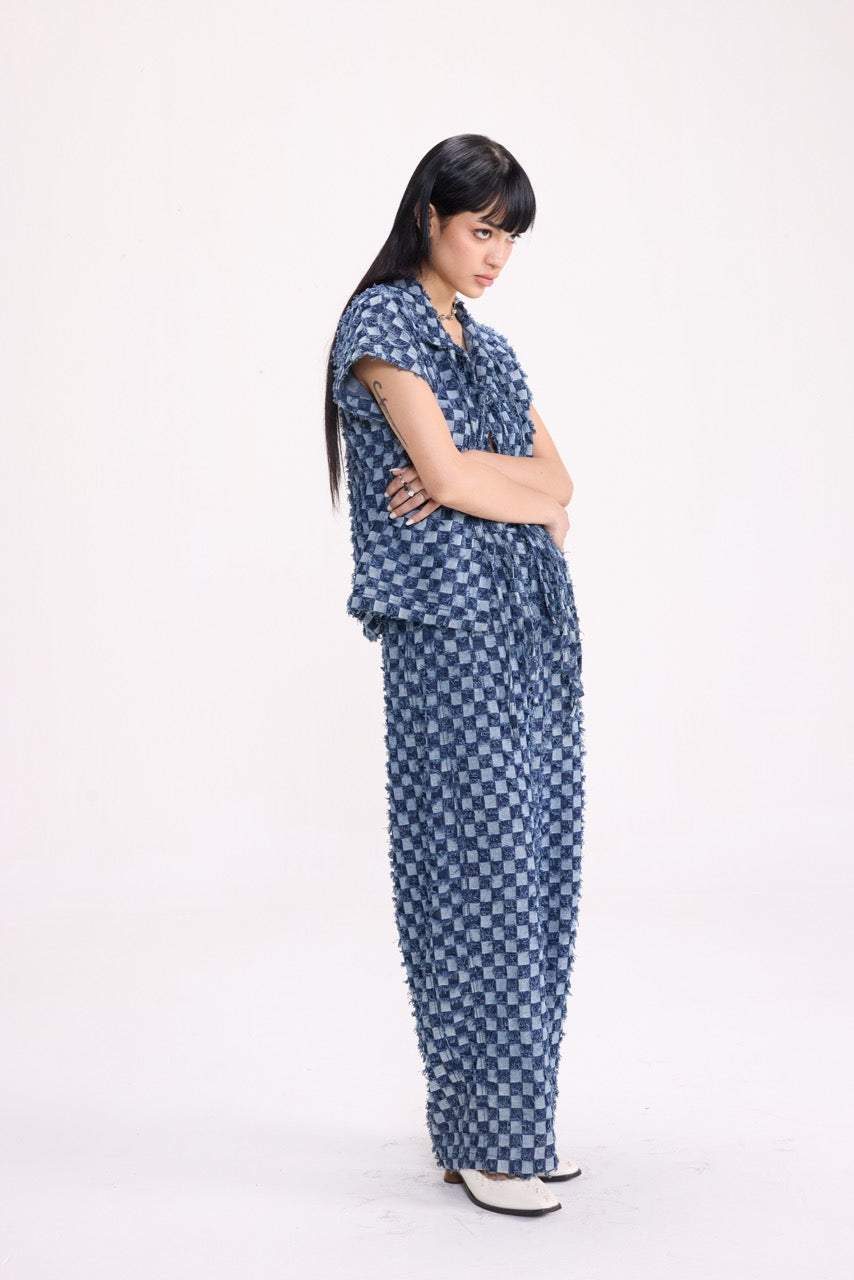 CHECK MATE - Frayed Checkerboard Denim Co-ord
