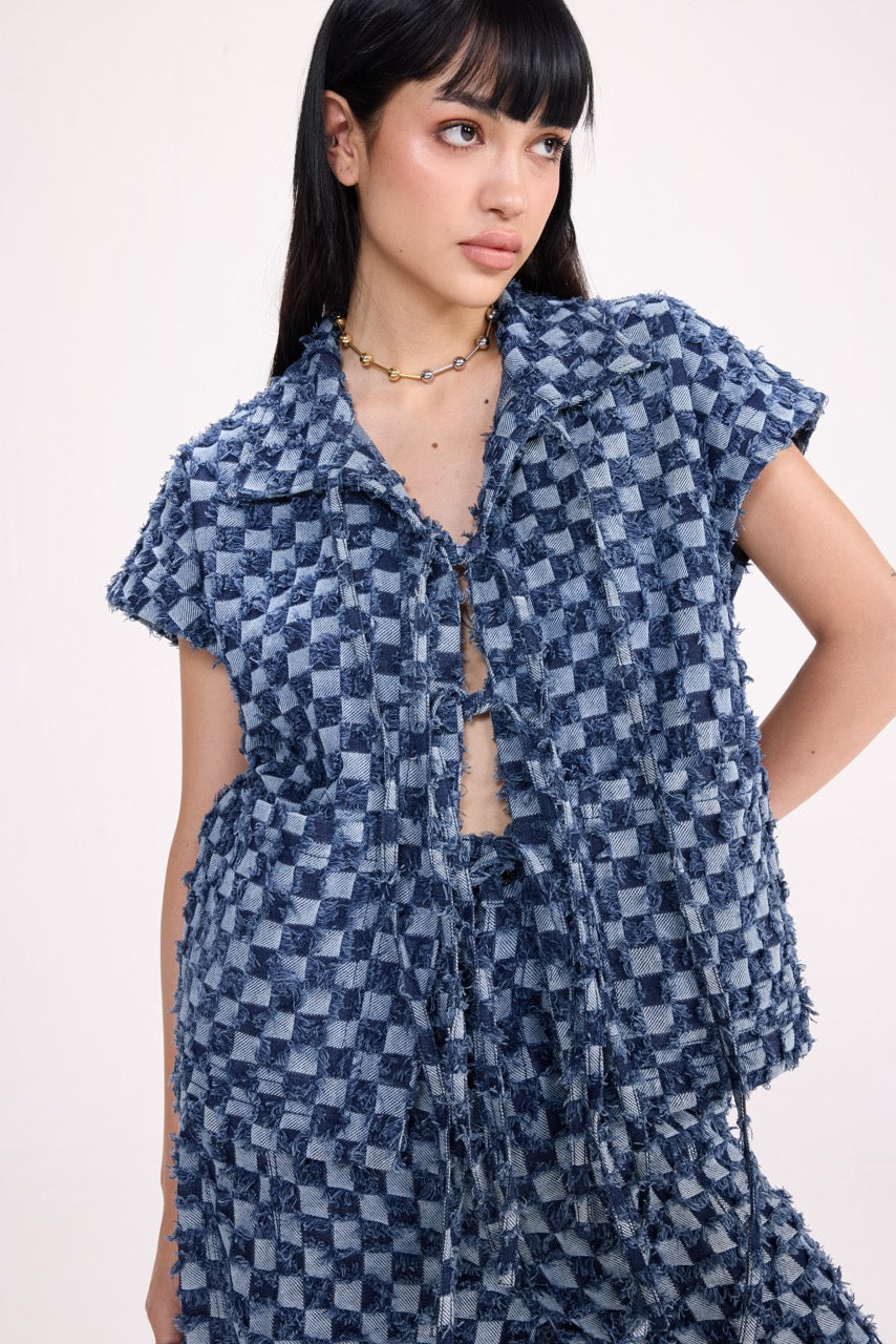 CHECK MATE - Frayed Checkerboard Denim Gilet