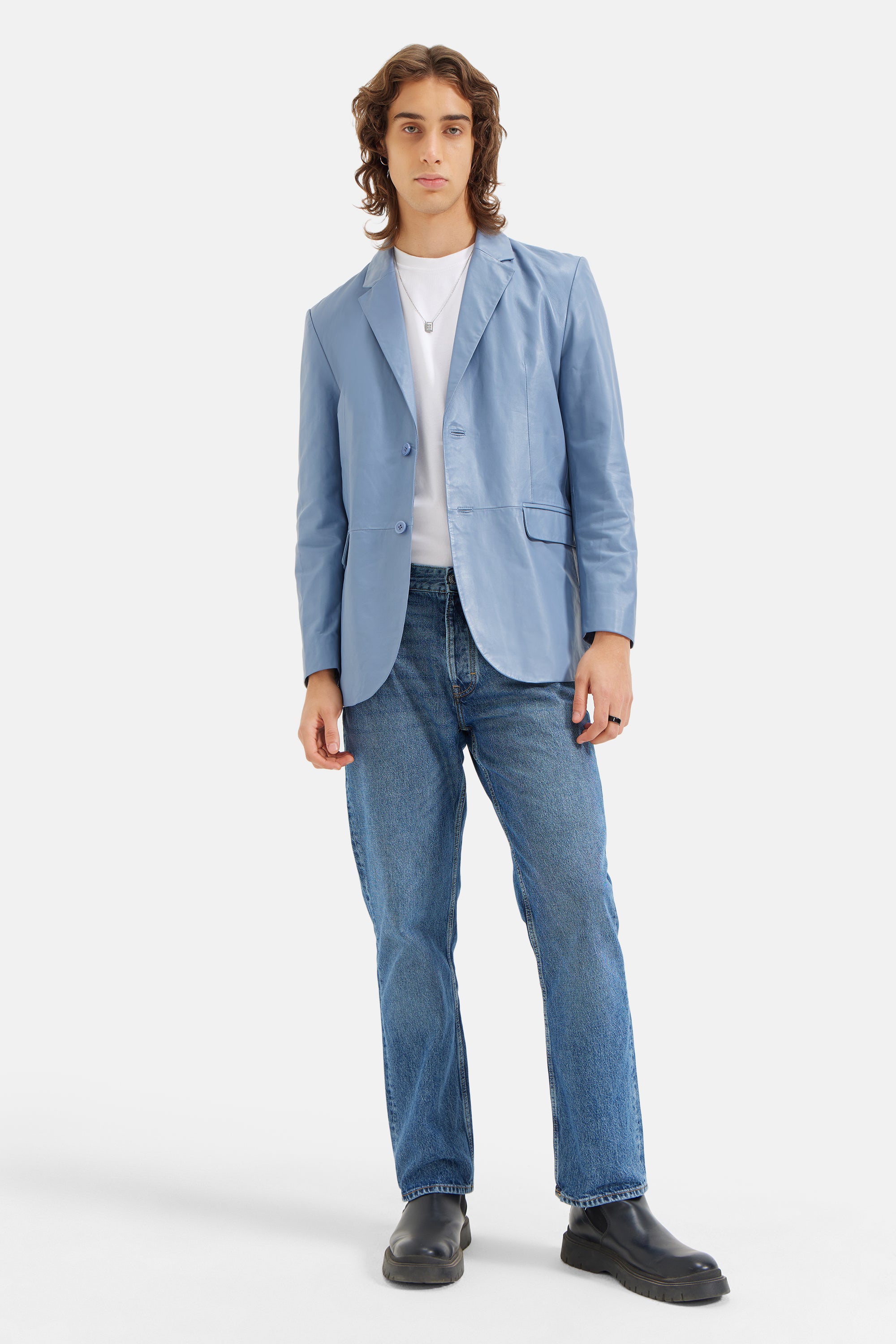 Duke- Work-wear Leather Blazer - Sky Blue