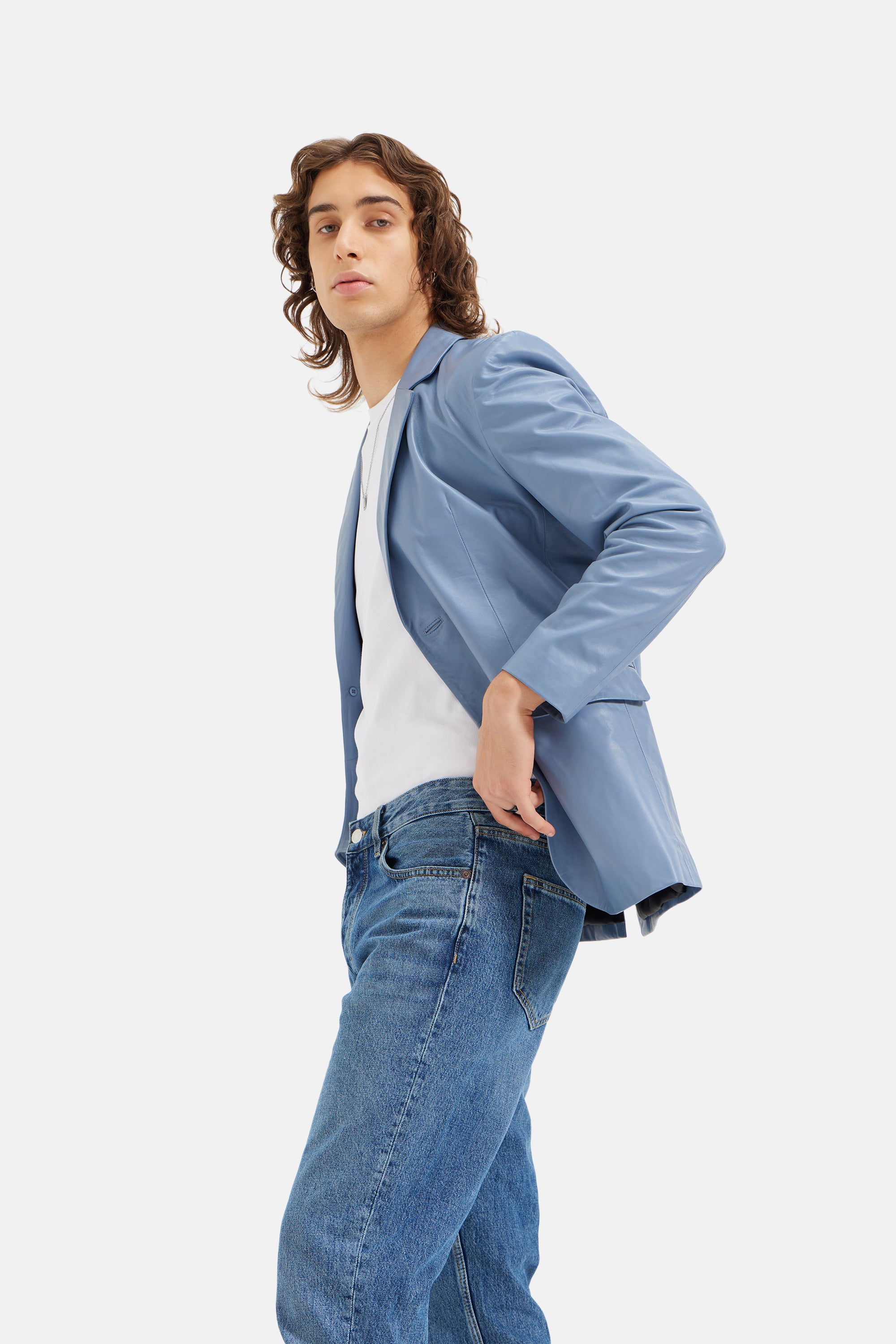 Duke- Work-wear Leather Blazer - Sky Blue