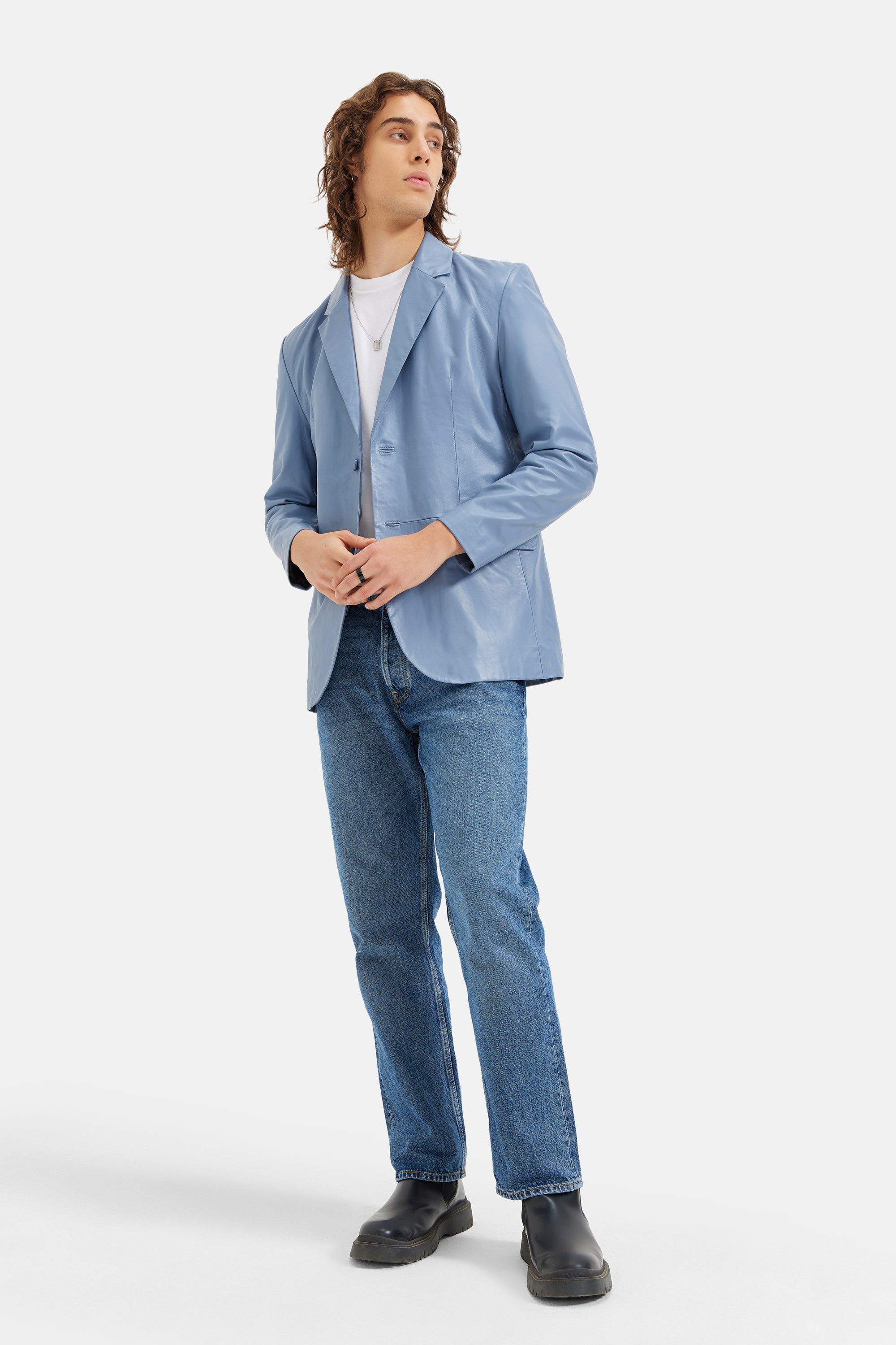 Duke- Work-wear Leather Blazer - Sky Blue