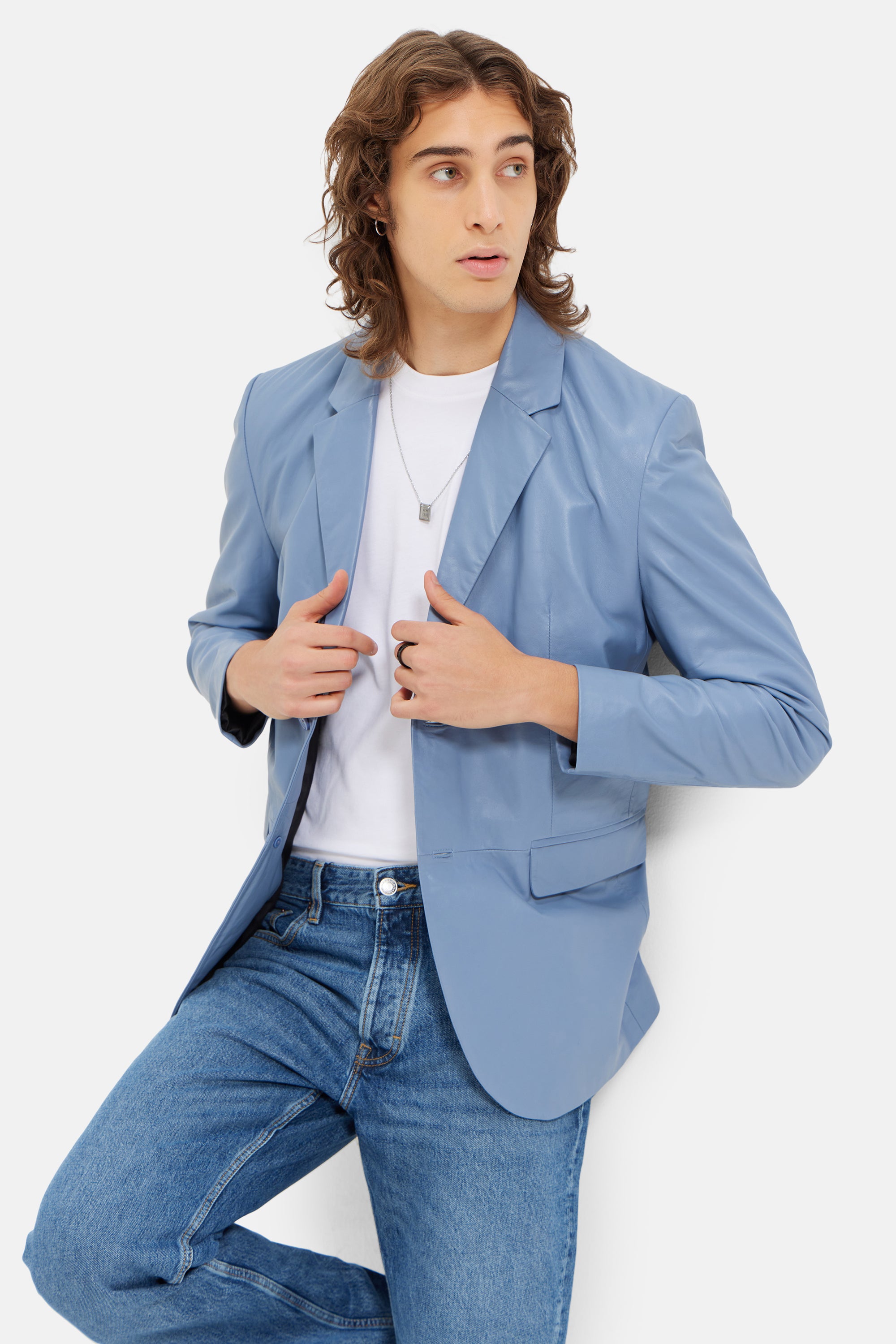 Duke- Work-wear Leather Blazer - Sky Blue