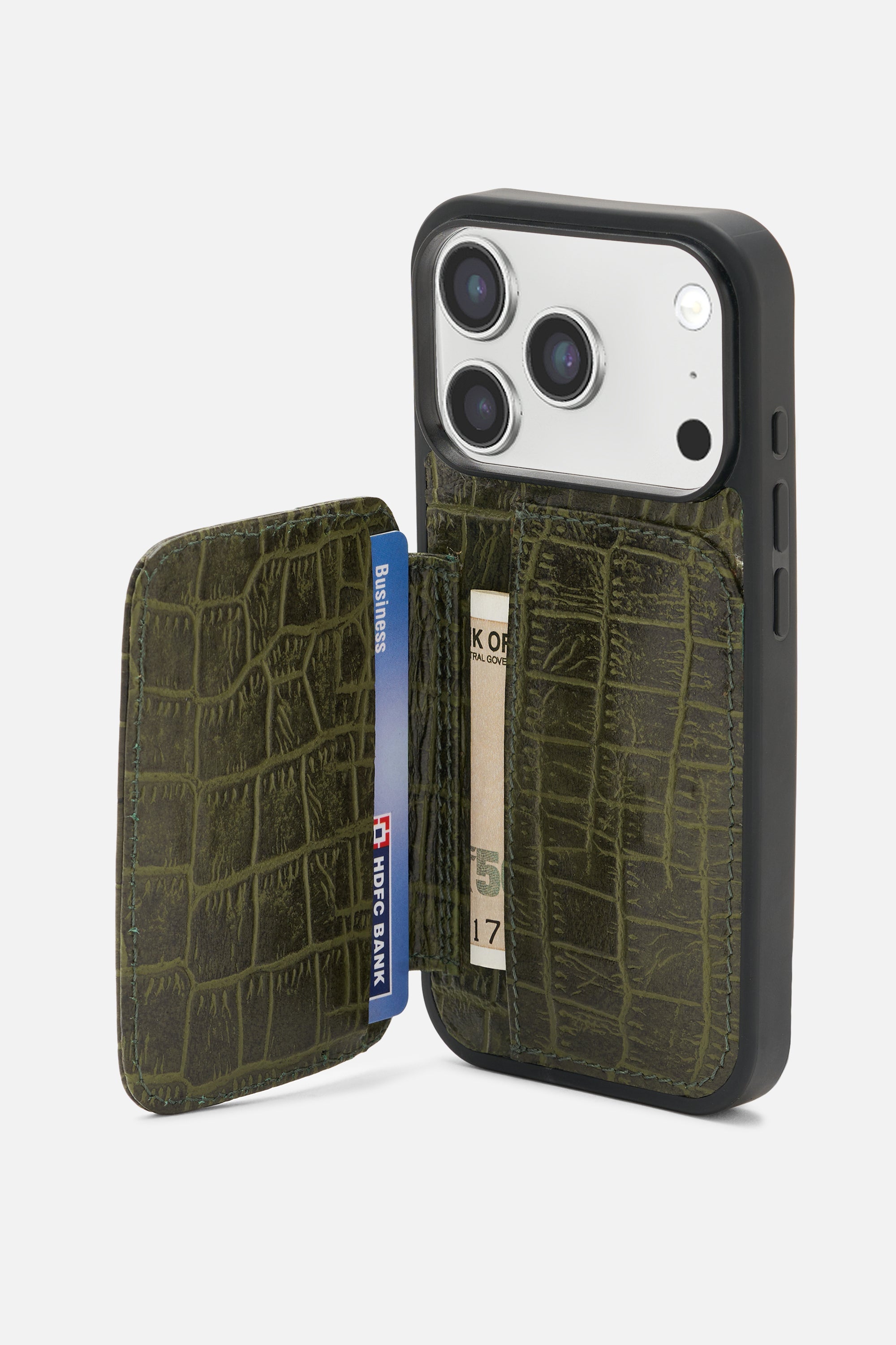 iPhone Croco Card Wallet Case - Olive Green