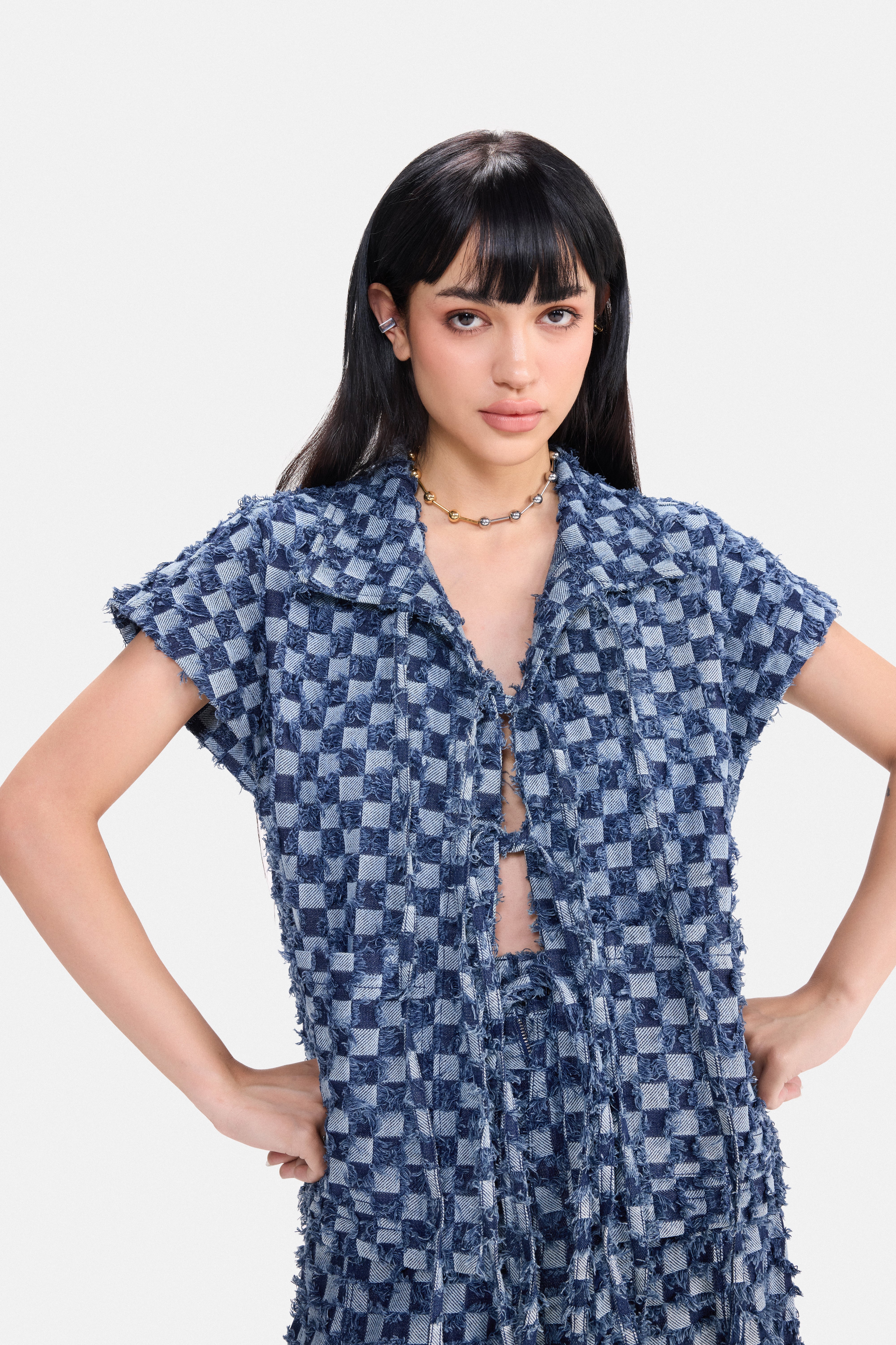 CHECK MATE - Frayed Checkerboard Denim Gilet