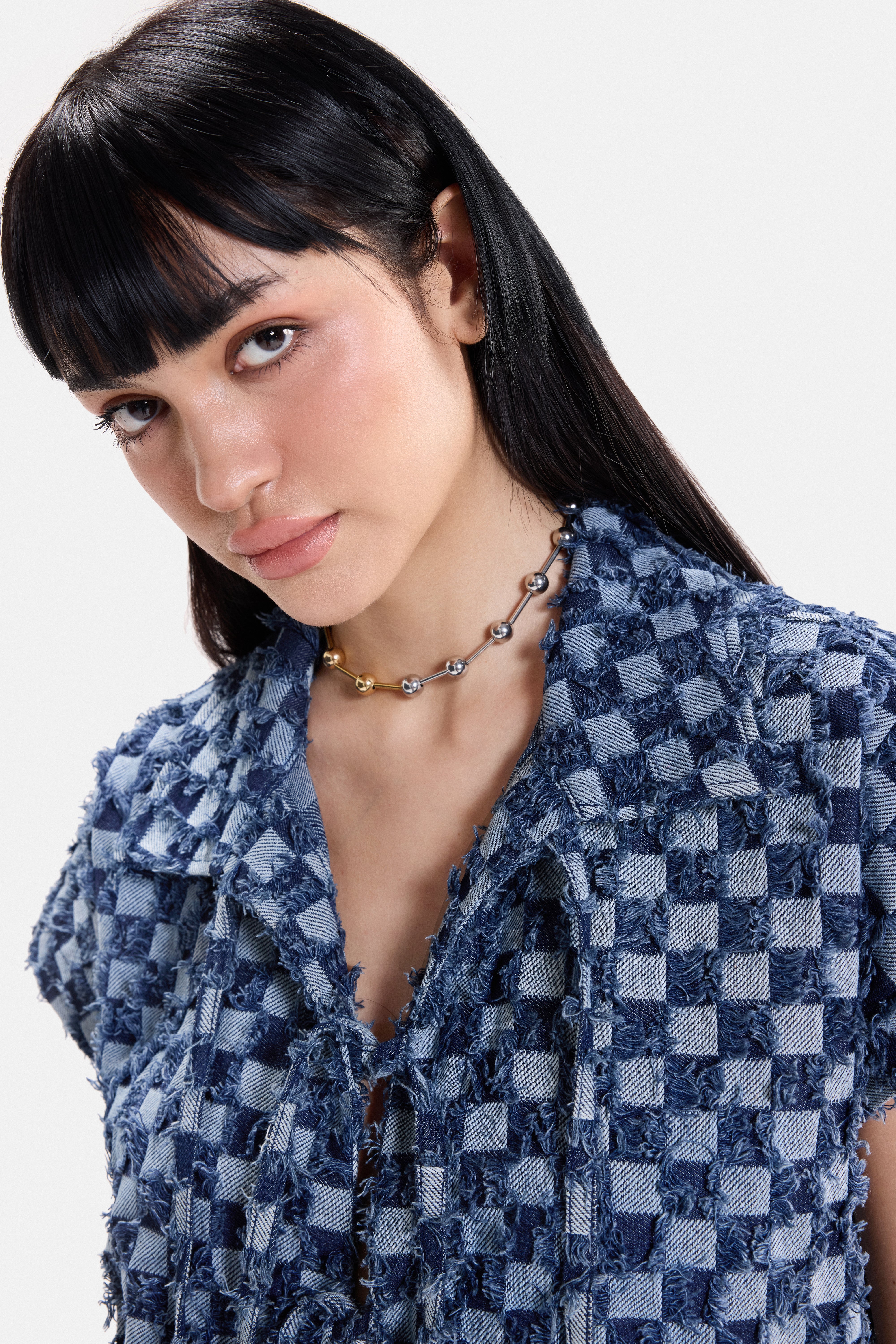 CHECK MATE - Frayed Checkerboard Denim Gilet