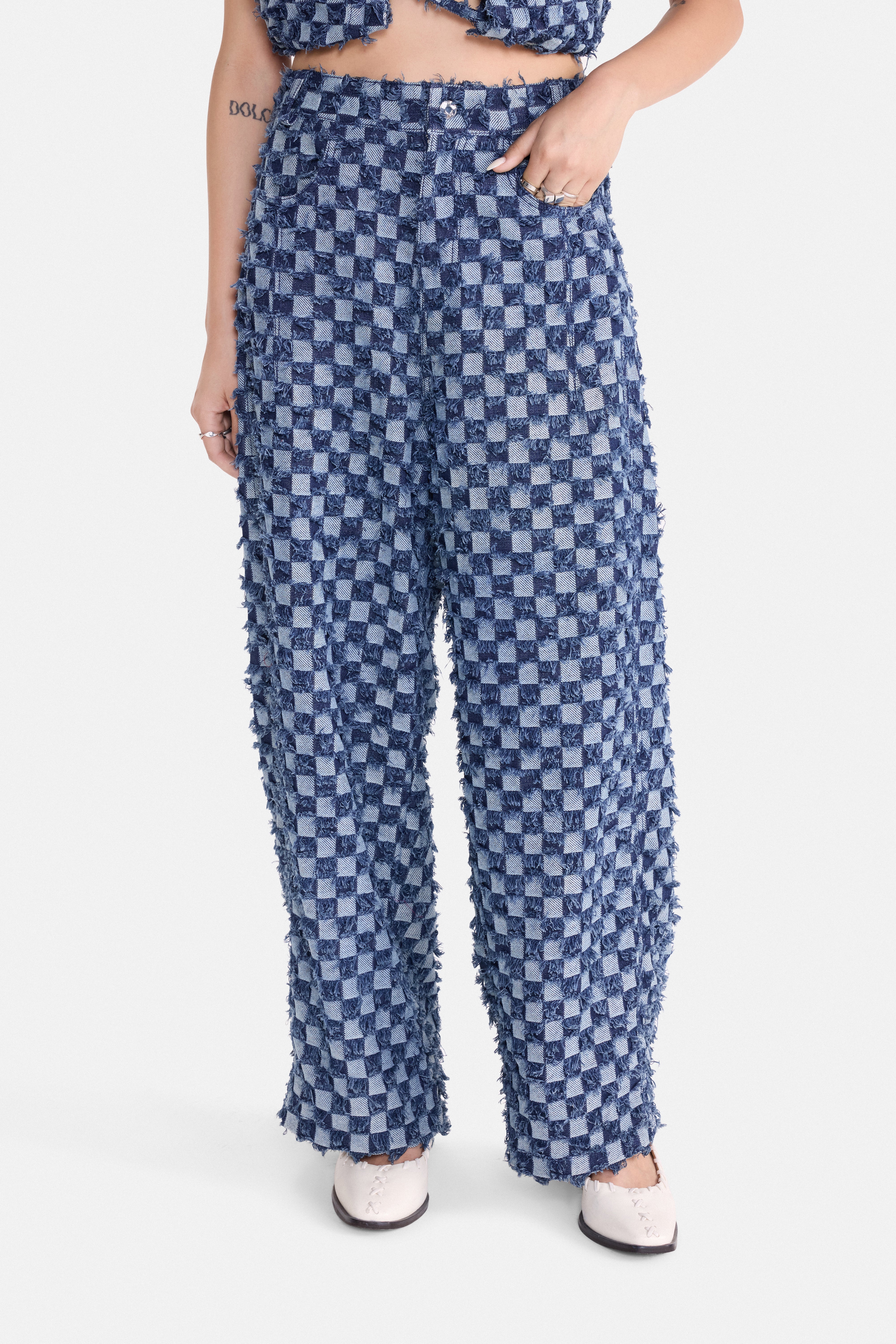 CHECK MATE - Frayed Checkerboard Denim Pants