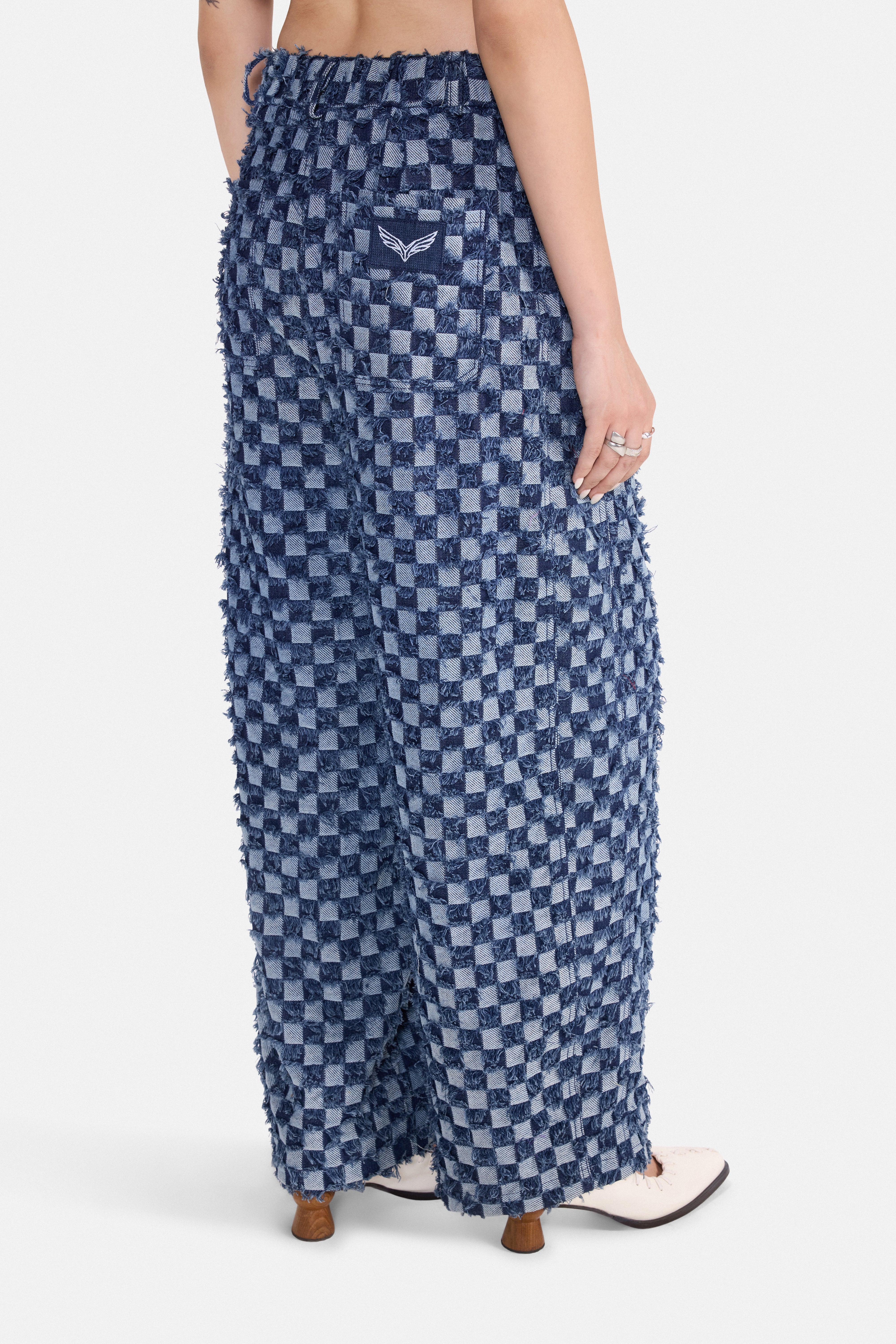 CHECK MATE - Frayed Checkerboard Denim Pants