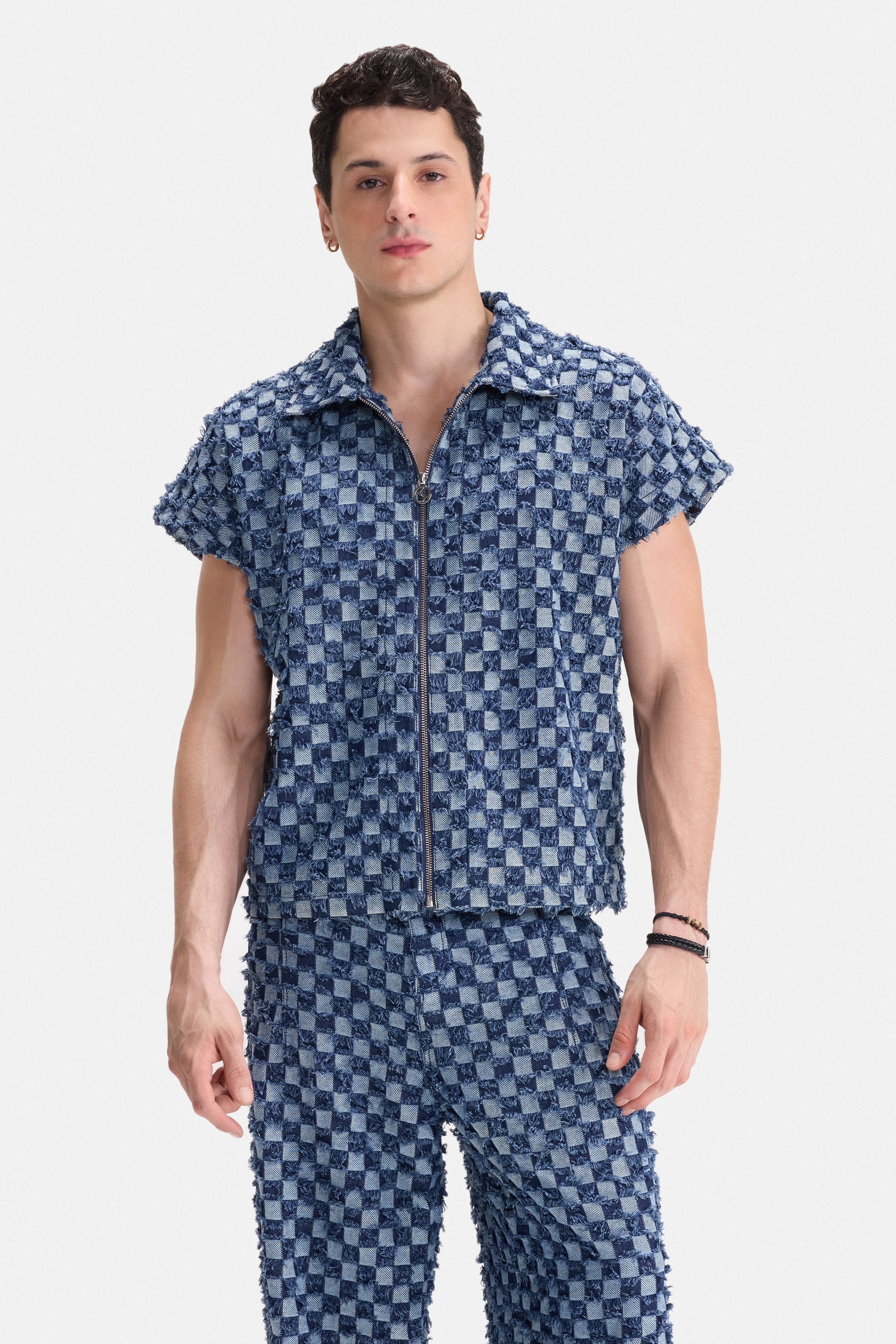 CHECK MATE - Frayed Checkerboard Denim Gilet