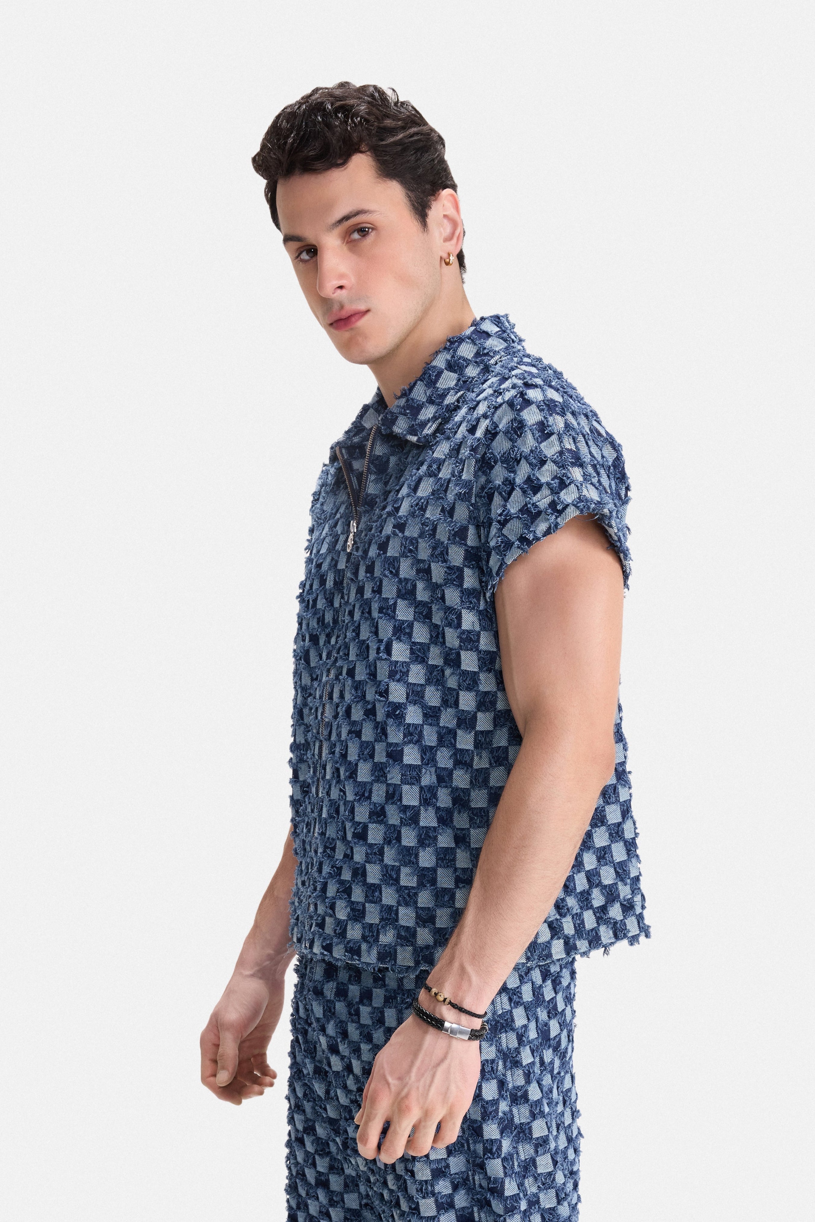 CHECK MATE - Frayed Checkerboard Denim Gilet