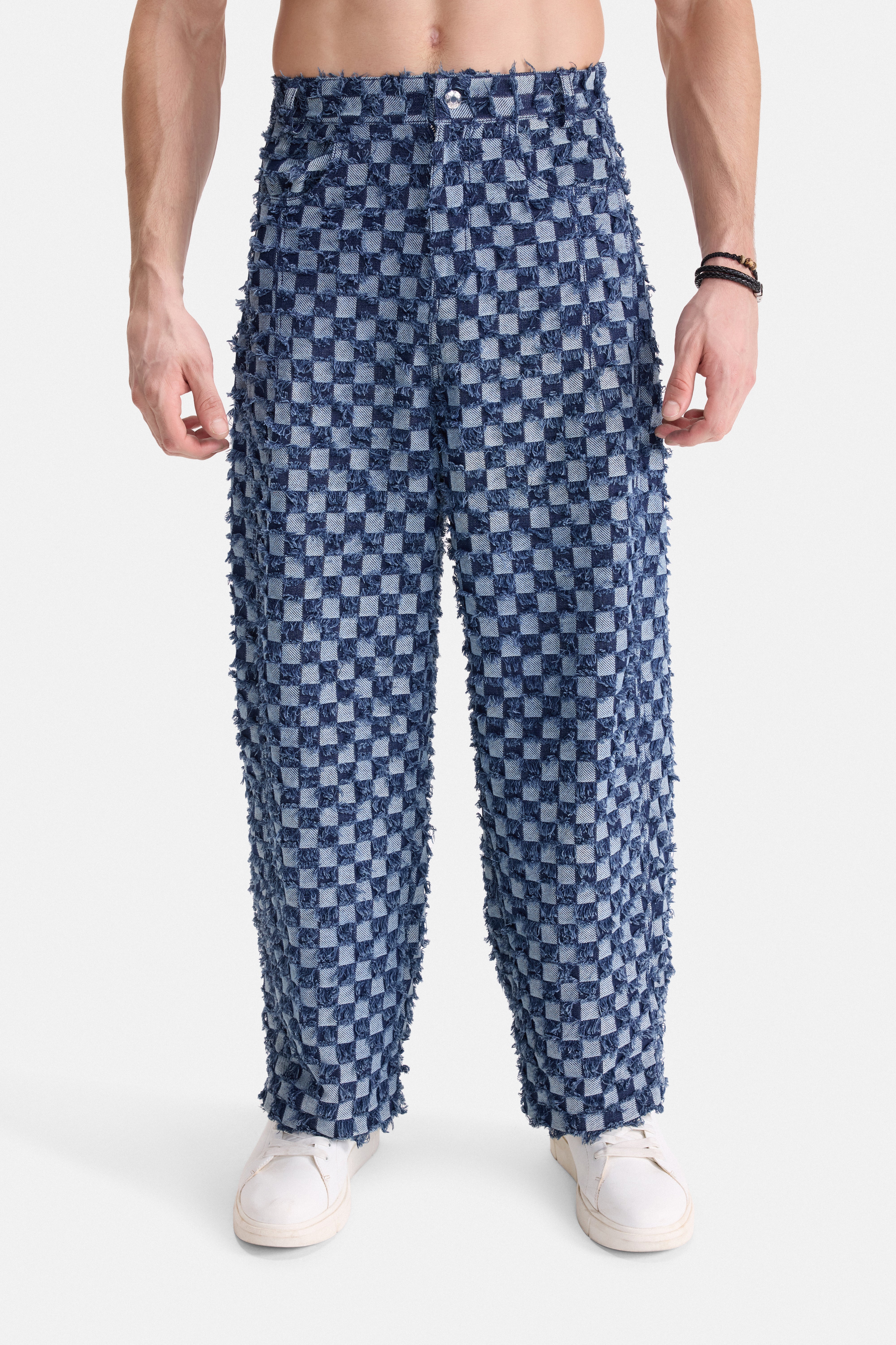 CHECK MATE - Frayed Checkerboard Denim Pants