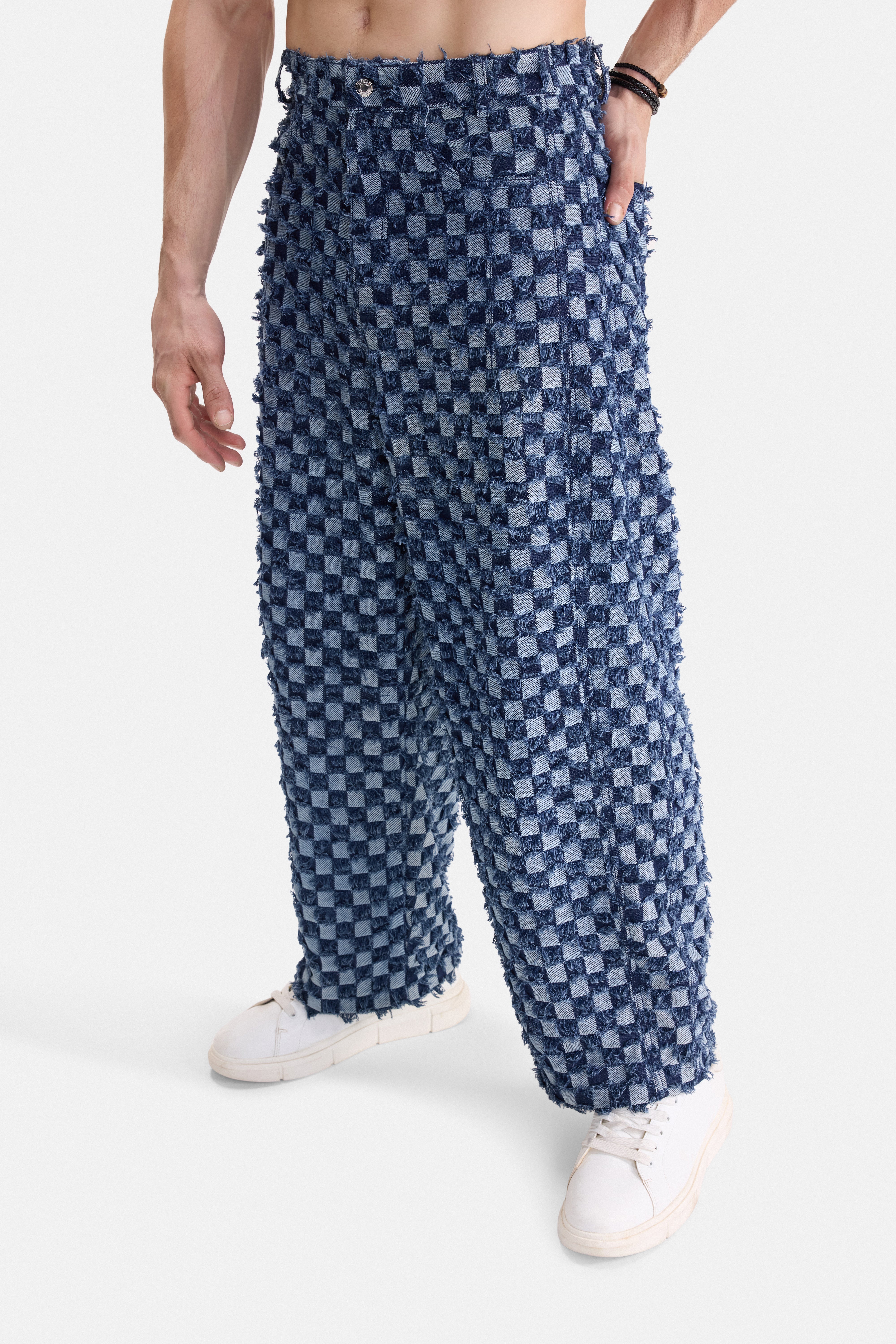 CHECK MATE - Frayed Checkerboard Denim Pants