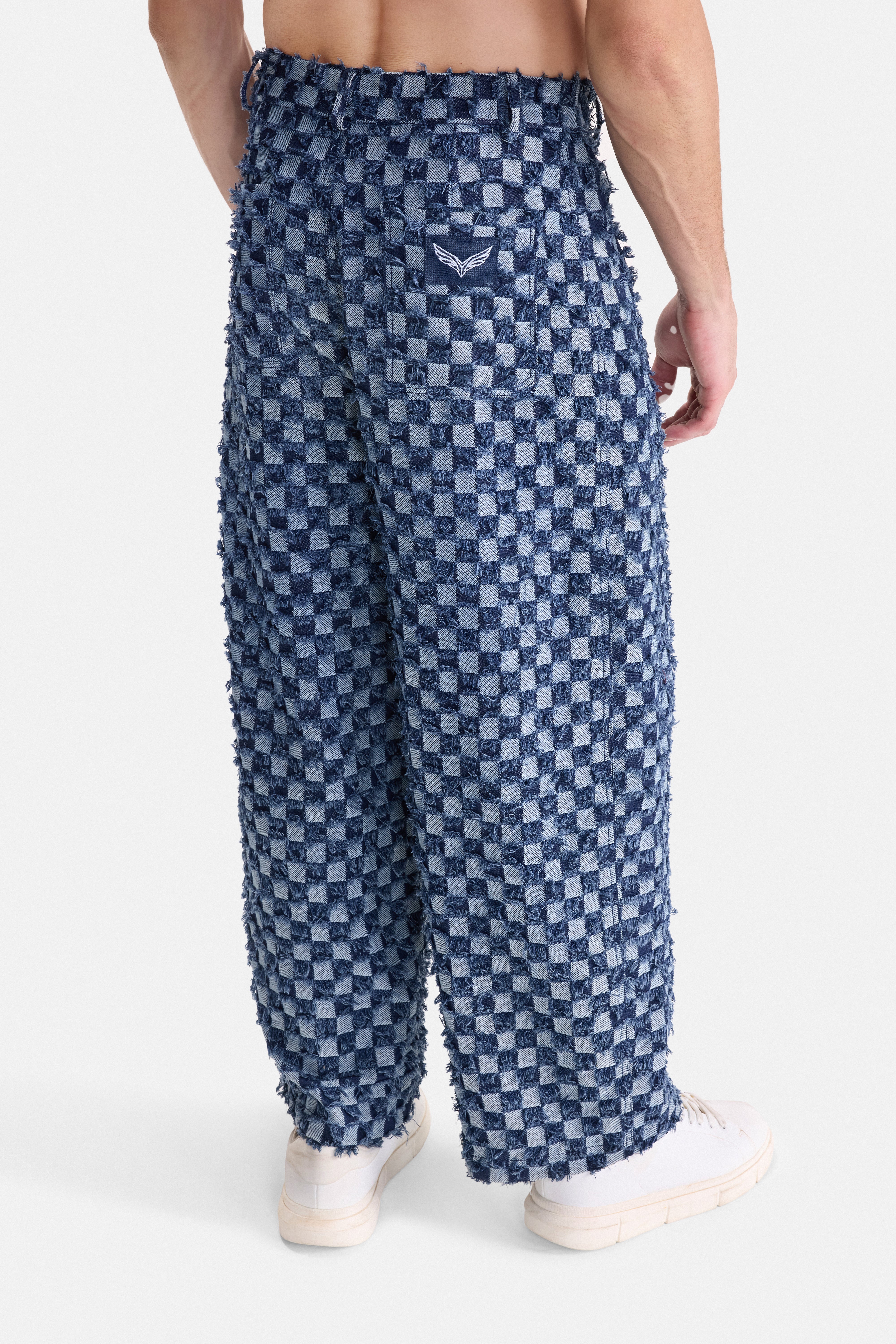 CHECK MATE - Frayed Checkerboard Denim Pants