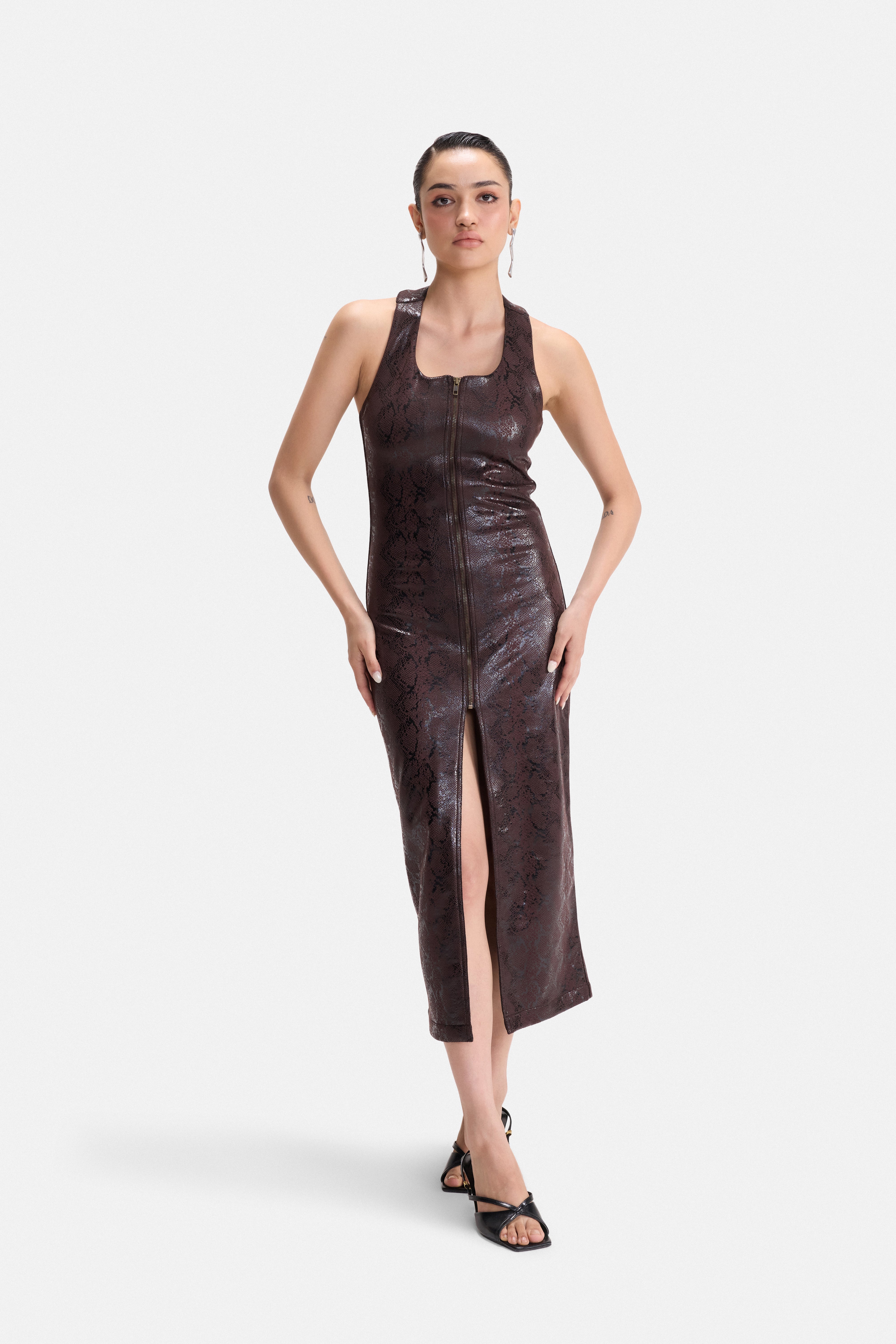 SHE BITES - PYTHON EMBOSSED HALTER DRESS