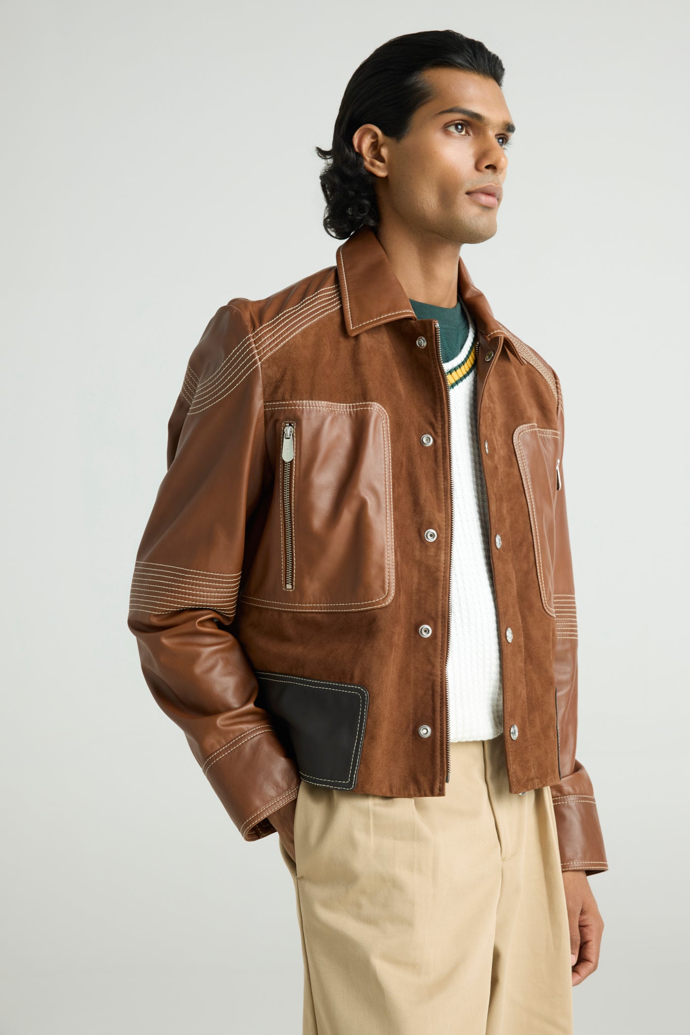 FUSE - Panelled Leather & Suede Trucker Jacket