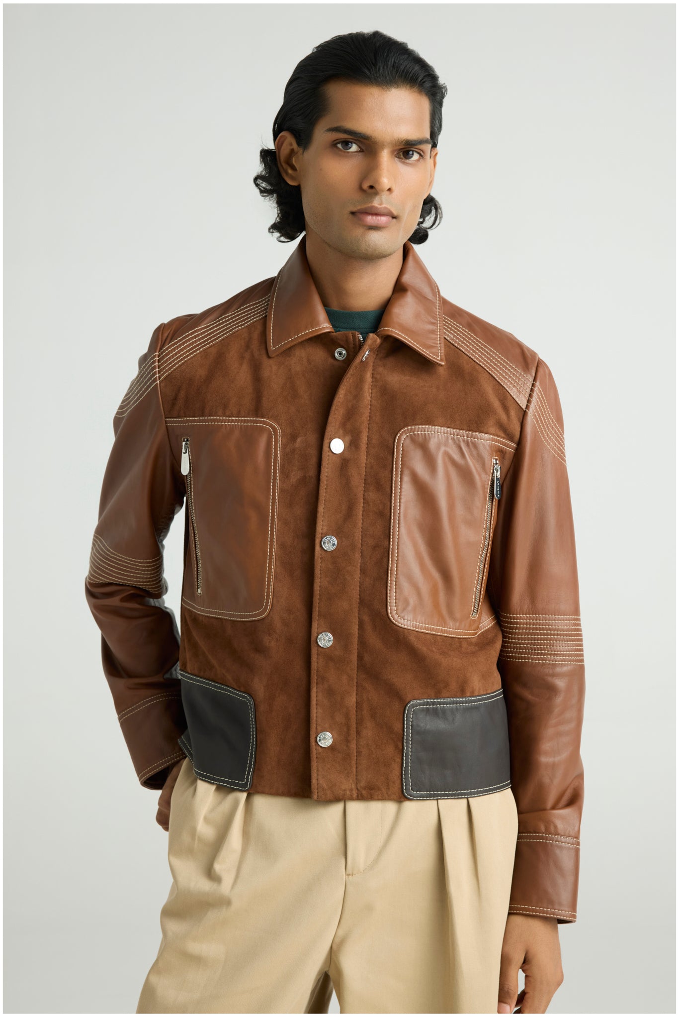 FUSE - Panelled Leather & Suede Trucker Jacket