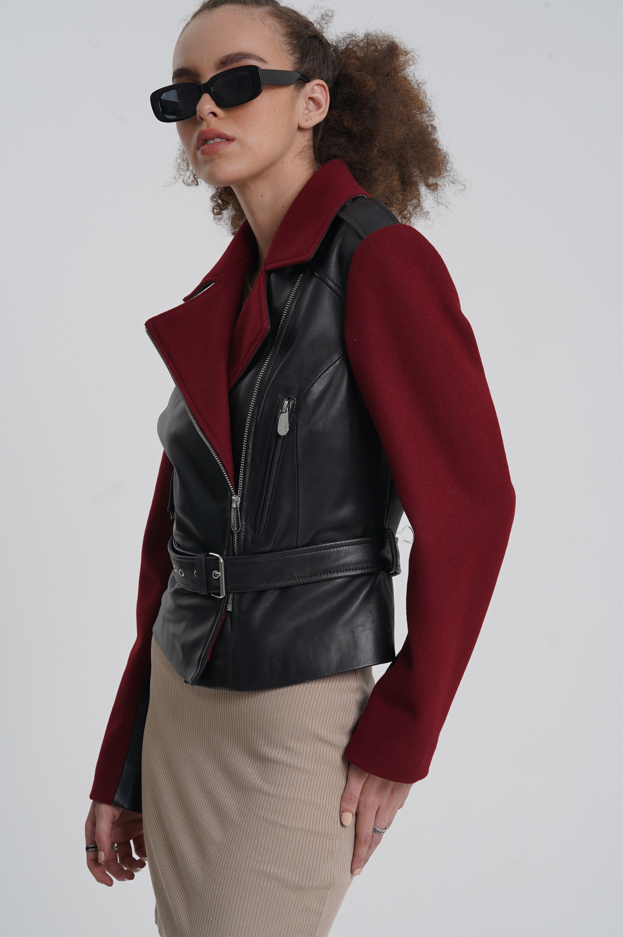 Frida - Leather Biker Jacket - Burgundy & Black