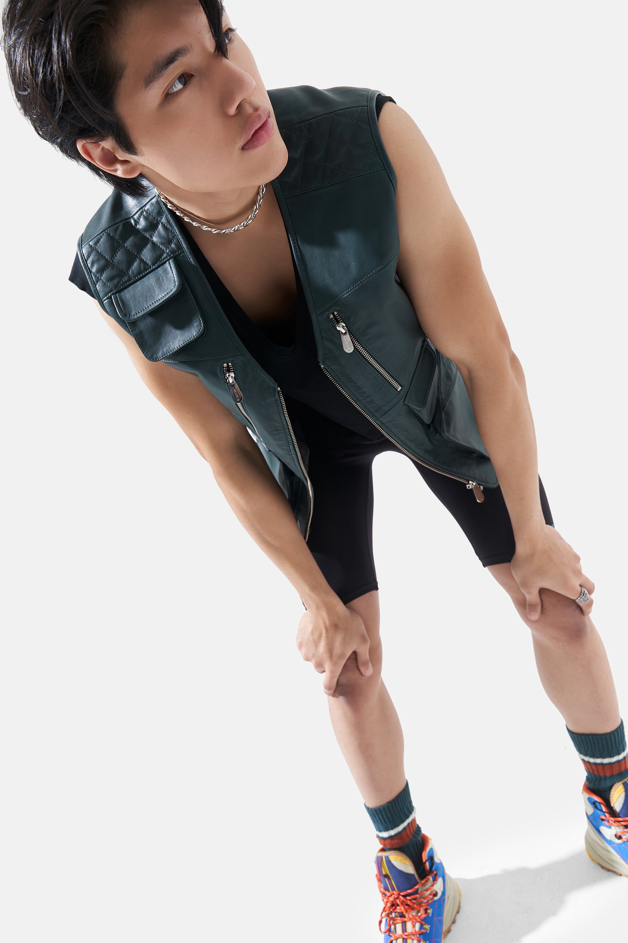 Rex - Leather Utility Gilet - Peacock Green