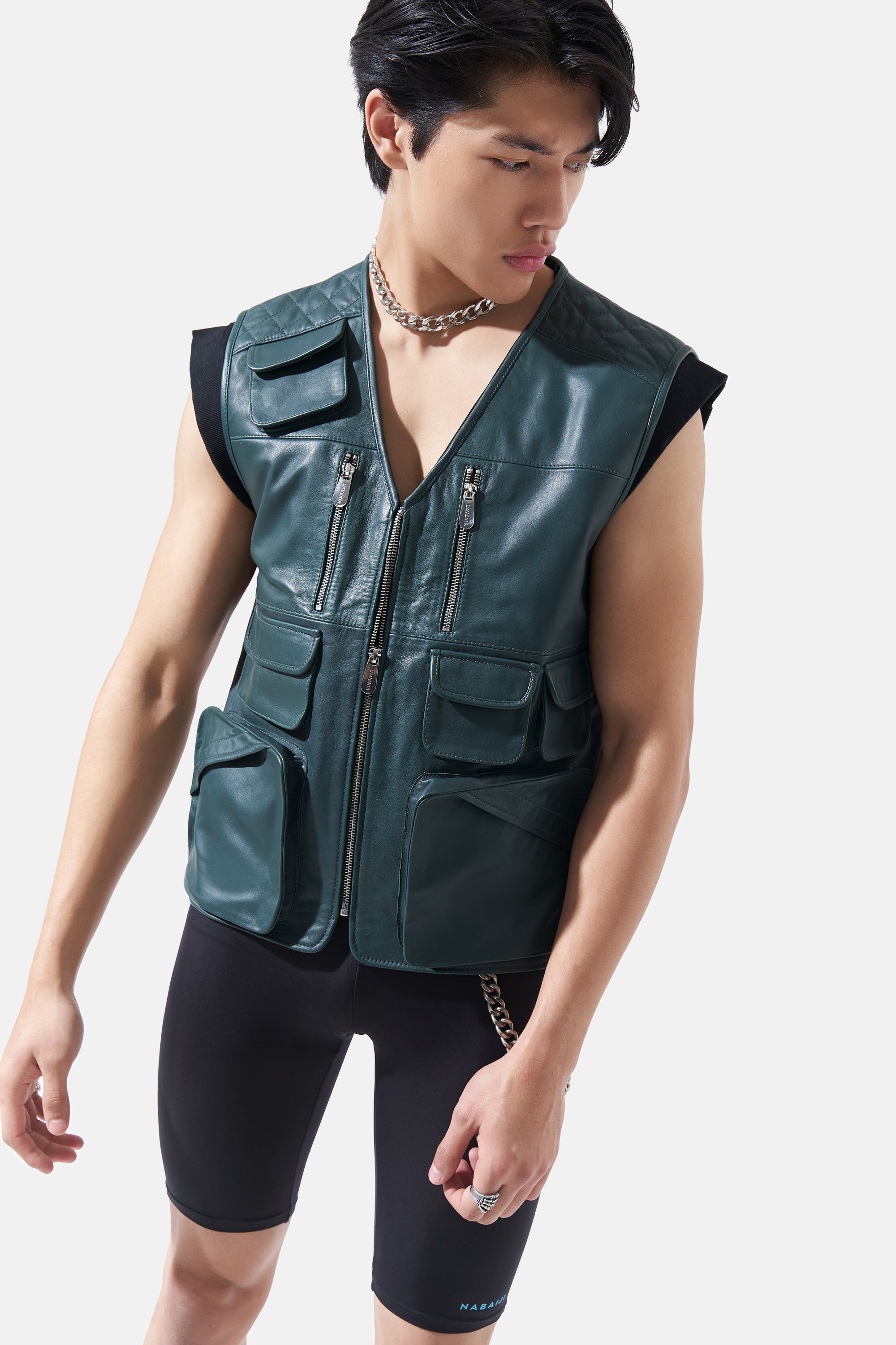 Rex - Leather Utility Gilet - Peacock Green