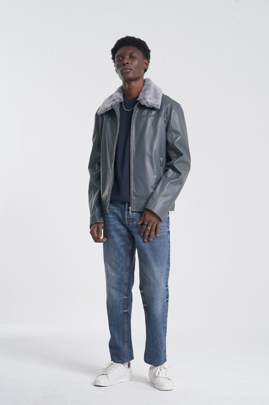 Grey leather jacket clearance with fur