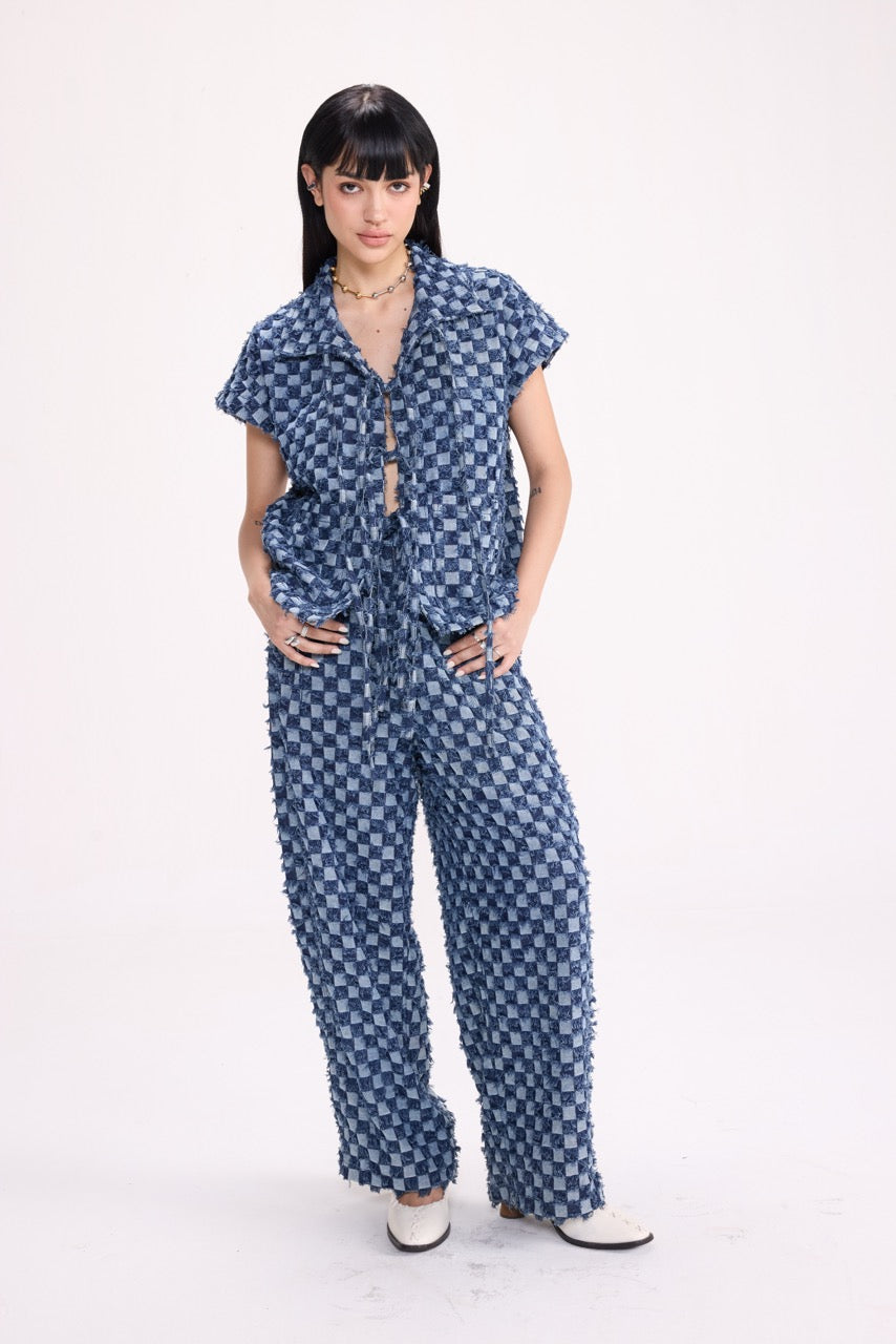 CHECK MATE - Frayed Checkerboard Denim Co-ord