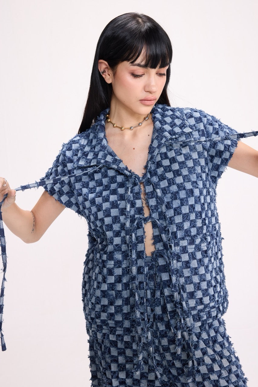 CHECK MATE - Frayed Checkerboard Denim Gilet
