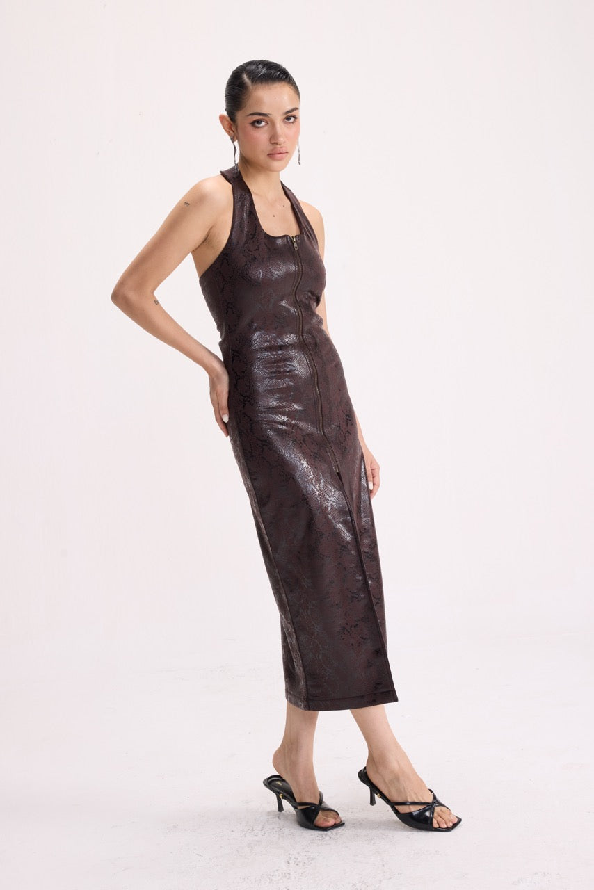SHE BITES -  PYTHON EMBOSSED HALTER DRESS
