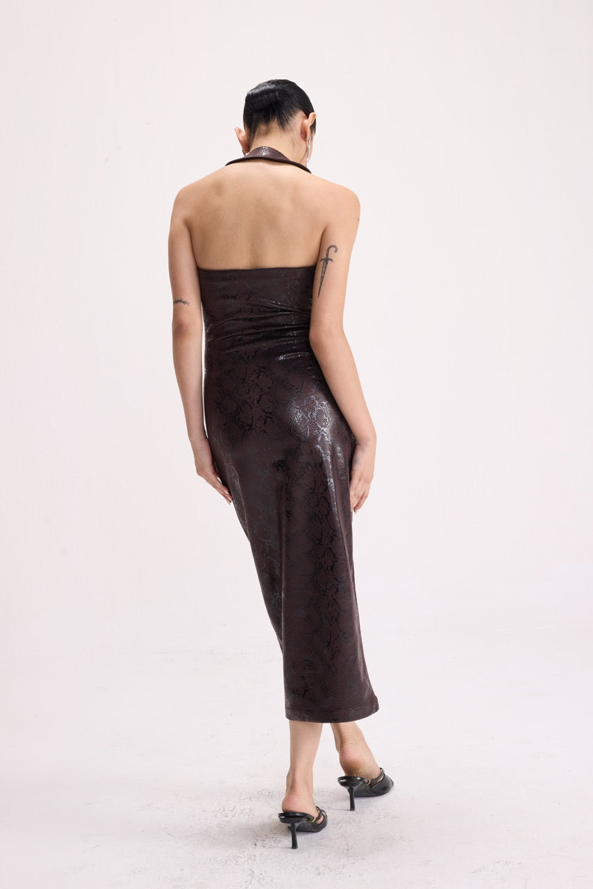 SHE BITES -  PYTHON EMBOSSED HALTER DRESS