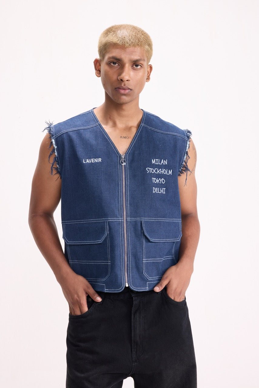 WORLD TOUR - RIBBED DENIM UTILITY GILET