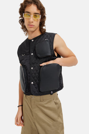 Frase - Utility Quilted Nylon With Leather Pockets Gilet - Black