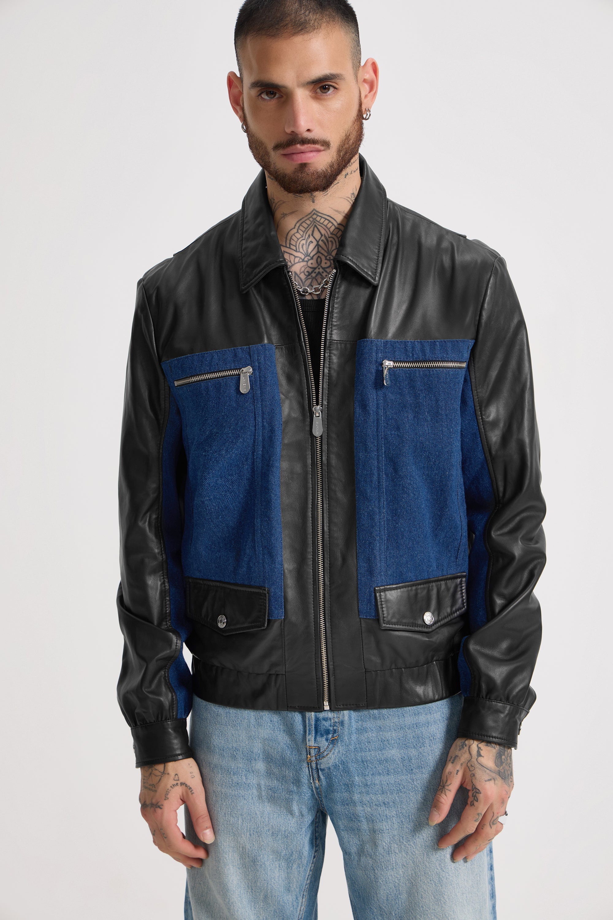 Leather Jacket Blue Black Denim Jacket Denis Unisex Leather X