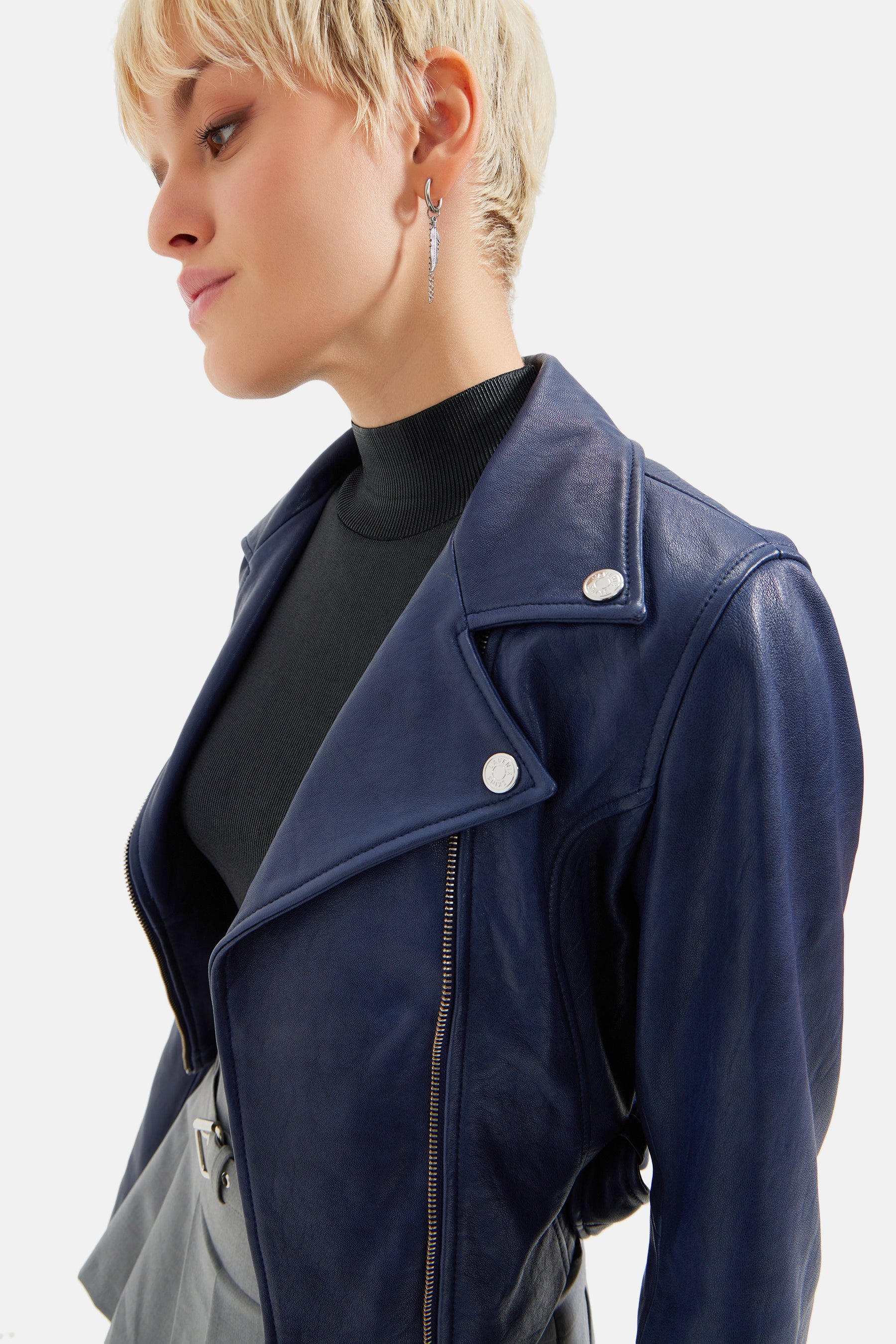 Ellis - Leather Biker Jacket - Navy Blue