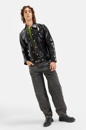 Nexus - Foiled Leather Button-Up Jacket - Black