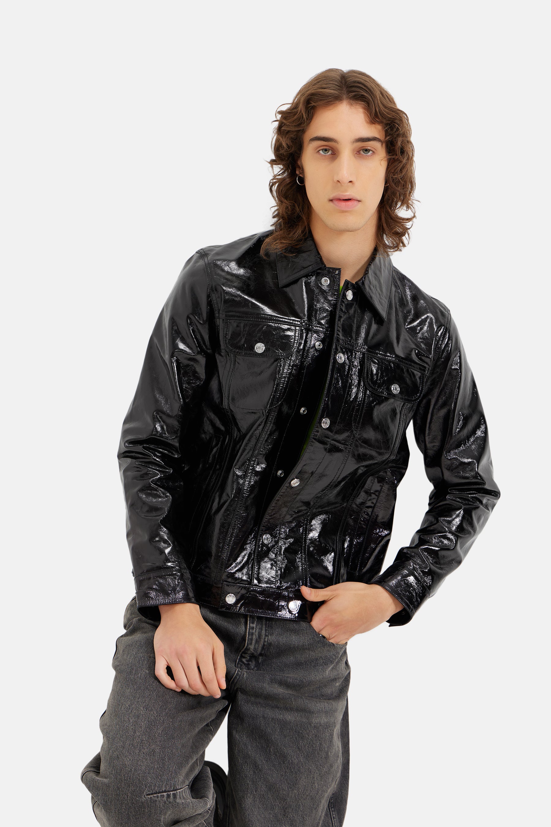 Nexus - Foiled Leather Button-Up Jacket - Black