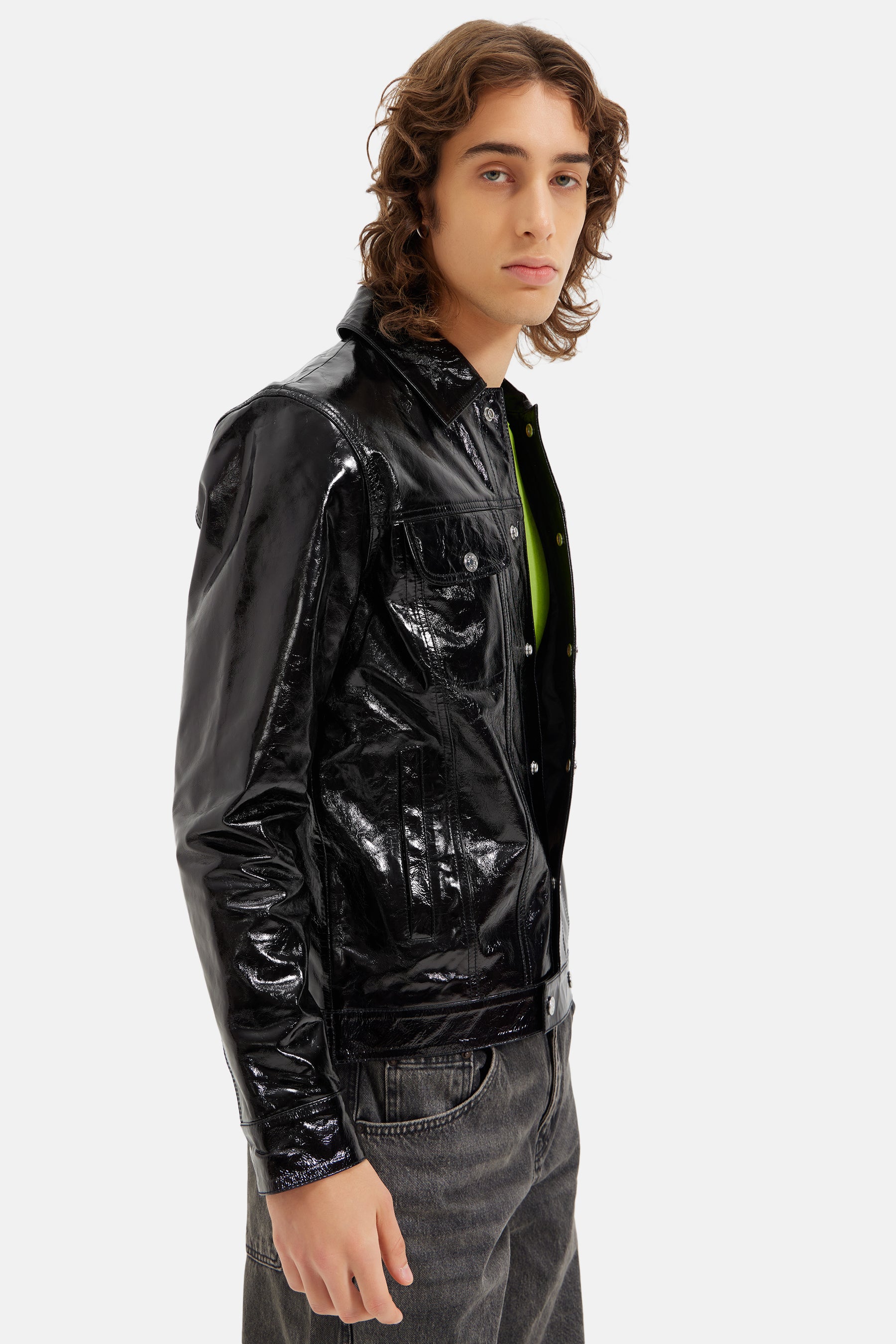 Nexus - Foiled Leather Button-Up Jacket - Black