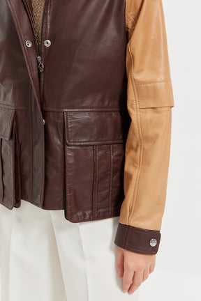 Arya - Dual Tone Leather Zipper Jacket - Sand & Brown