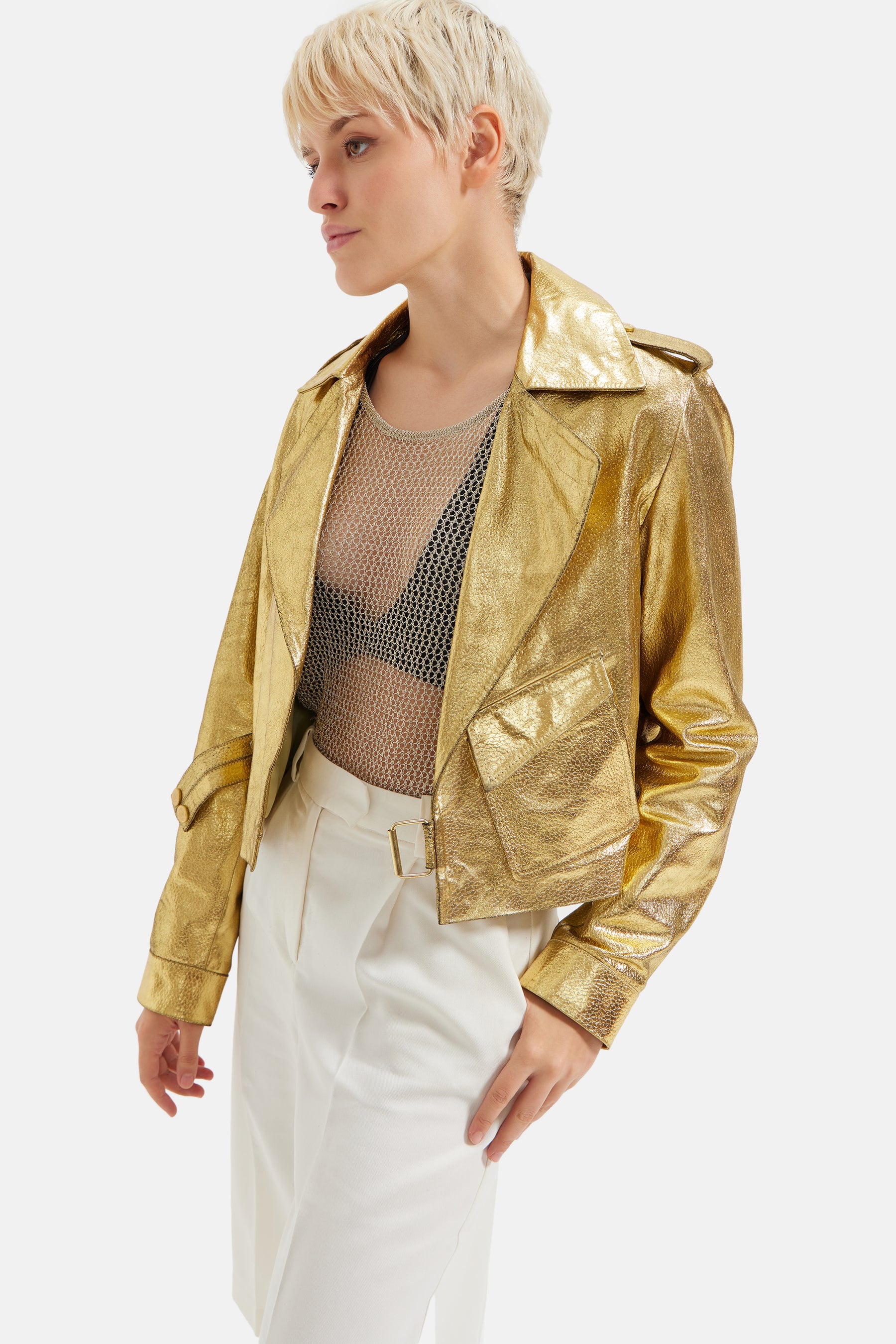 Harmonie - Metallic Leather Biker Jacket - Gold Metallic