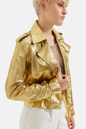 Harmonie - Metallic Leather Biker Jacket - Gold Metallic