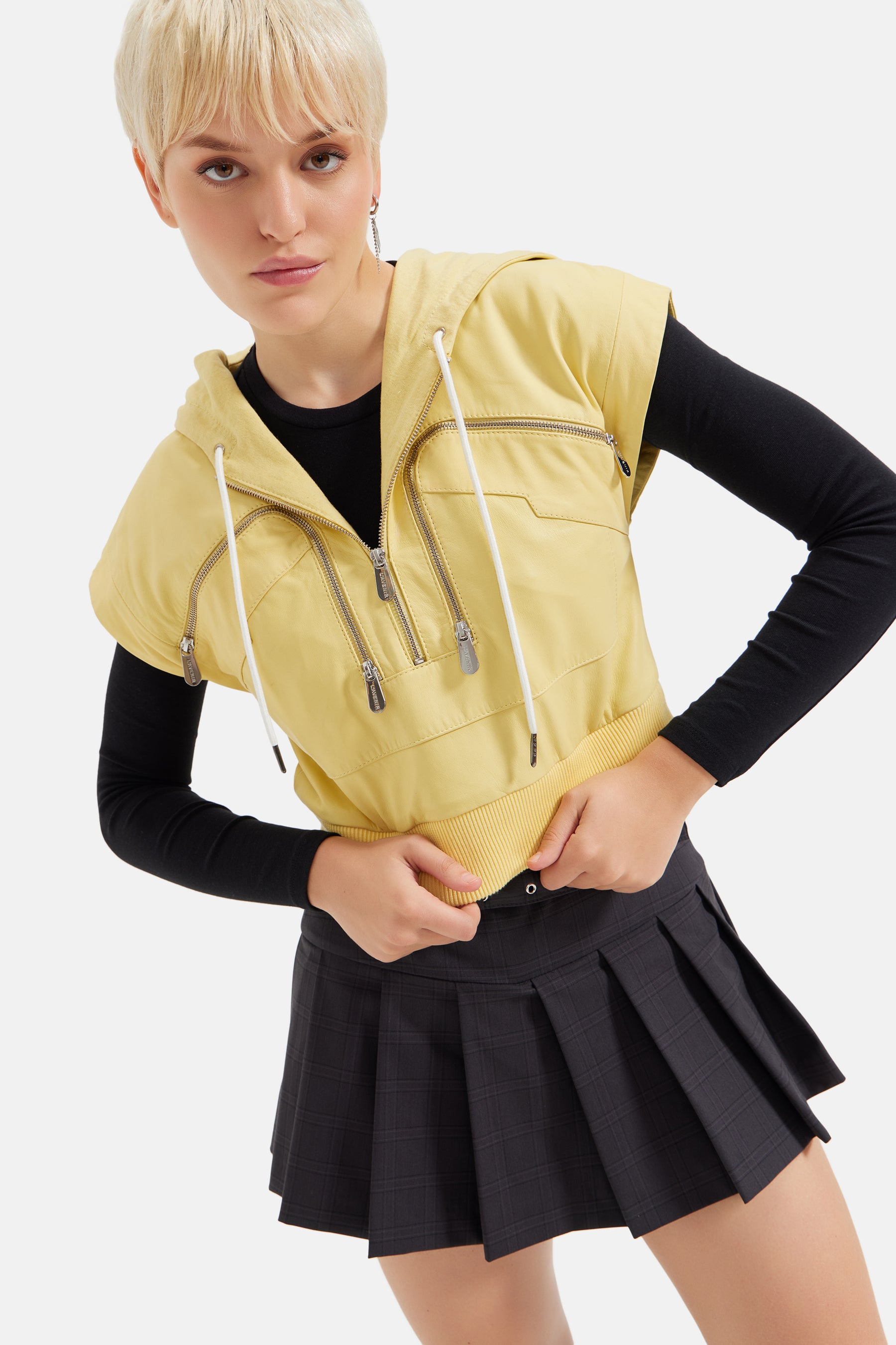 Zelda - Leather Hooded Gilet - Yellow