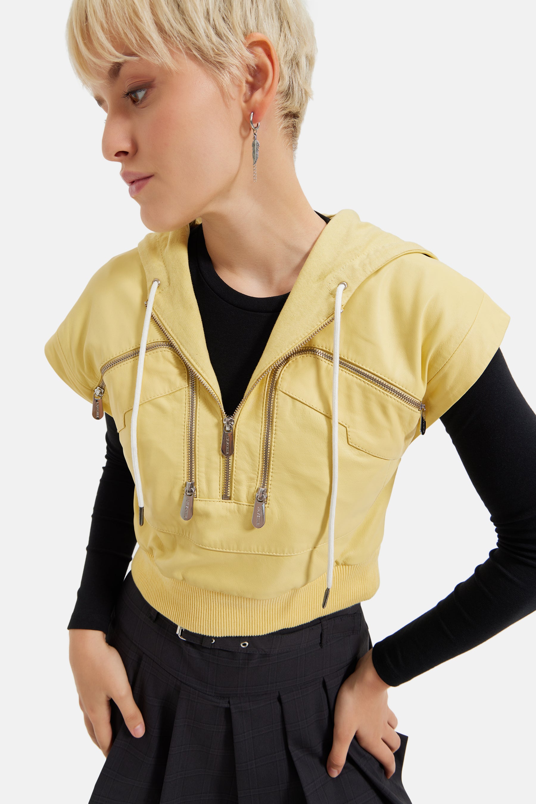 Zelda - Leather Hooded Gilet - Yellow