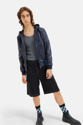 Espen - Leather Hooded Zipper Jacket - Navy Blue