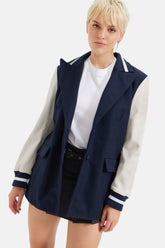 Myra - Varisty Leather Blazer - Navy Blue/White