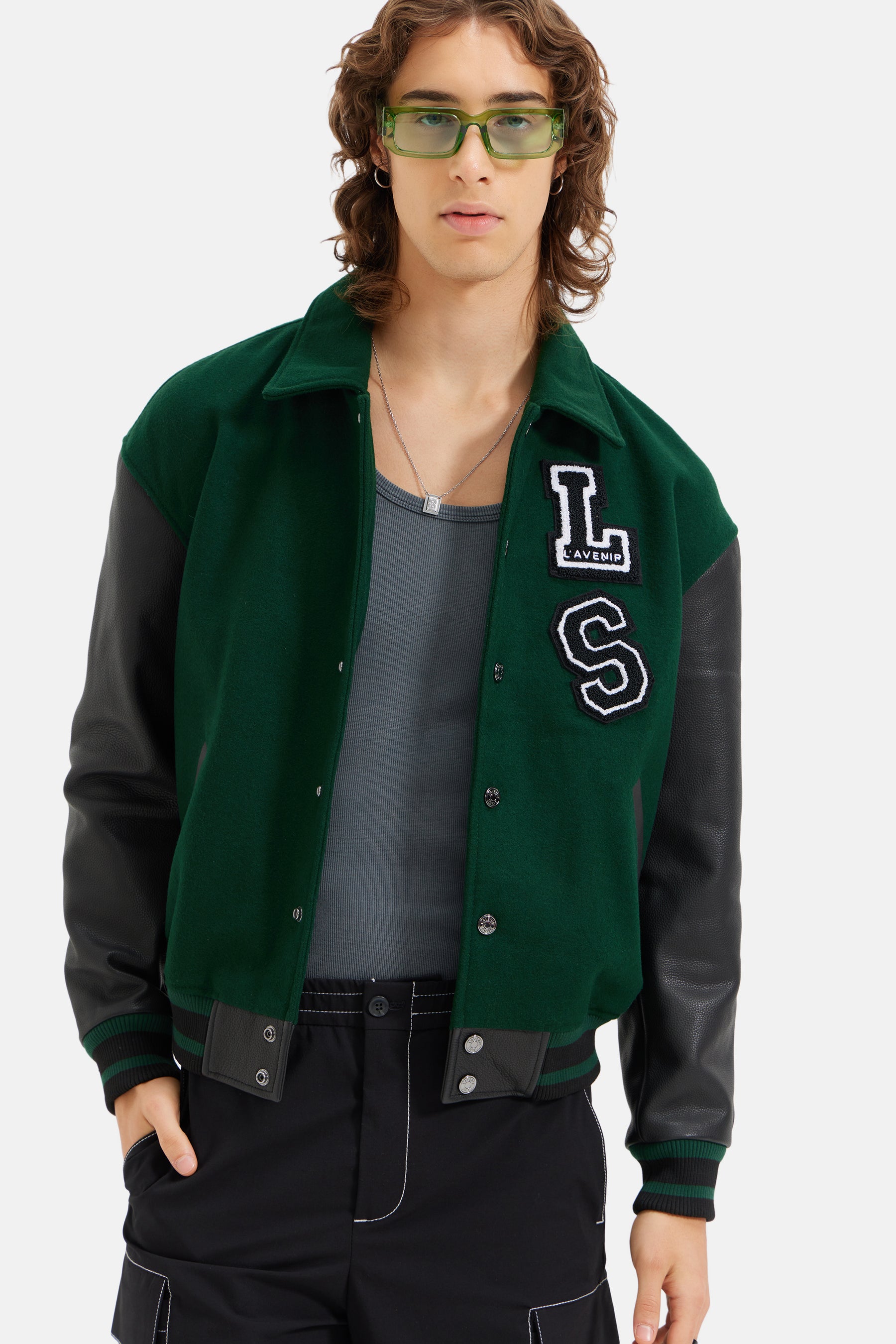 Harlem - Drop Shoulder Varsity Jacket - Forest Green & Black