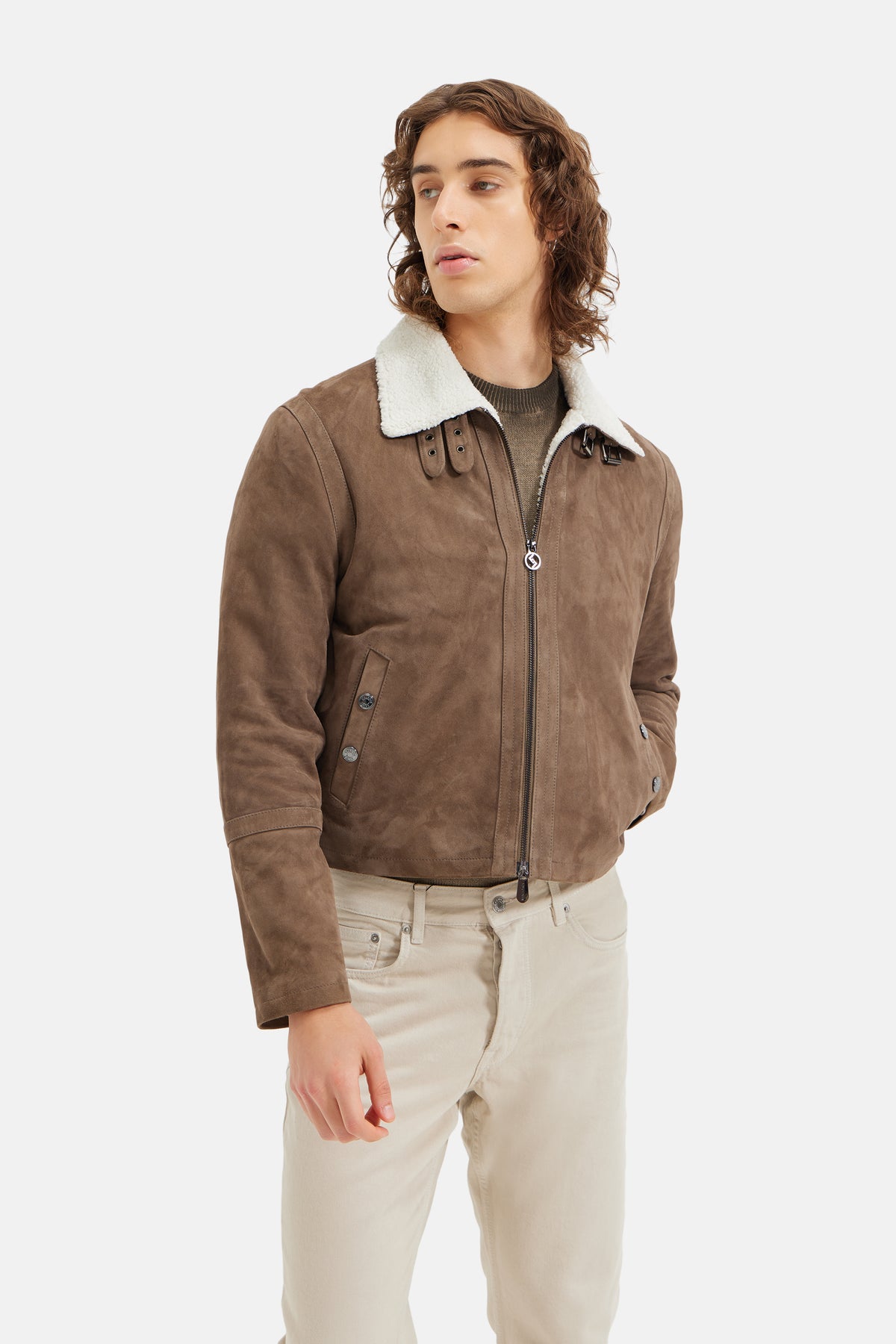 Kairo - Suede Bomber Jacket - Fur Collar - Taupe Grey