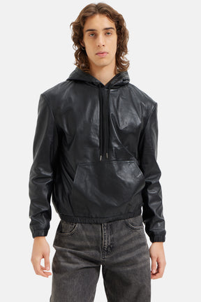 Alpha - Leather Oversized Hoodie - Black