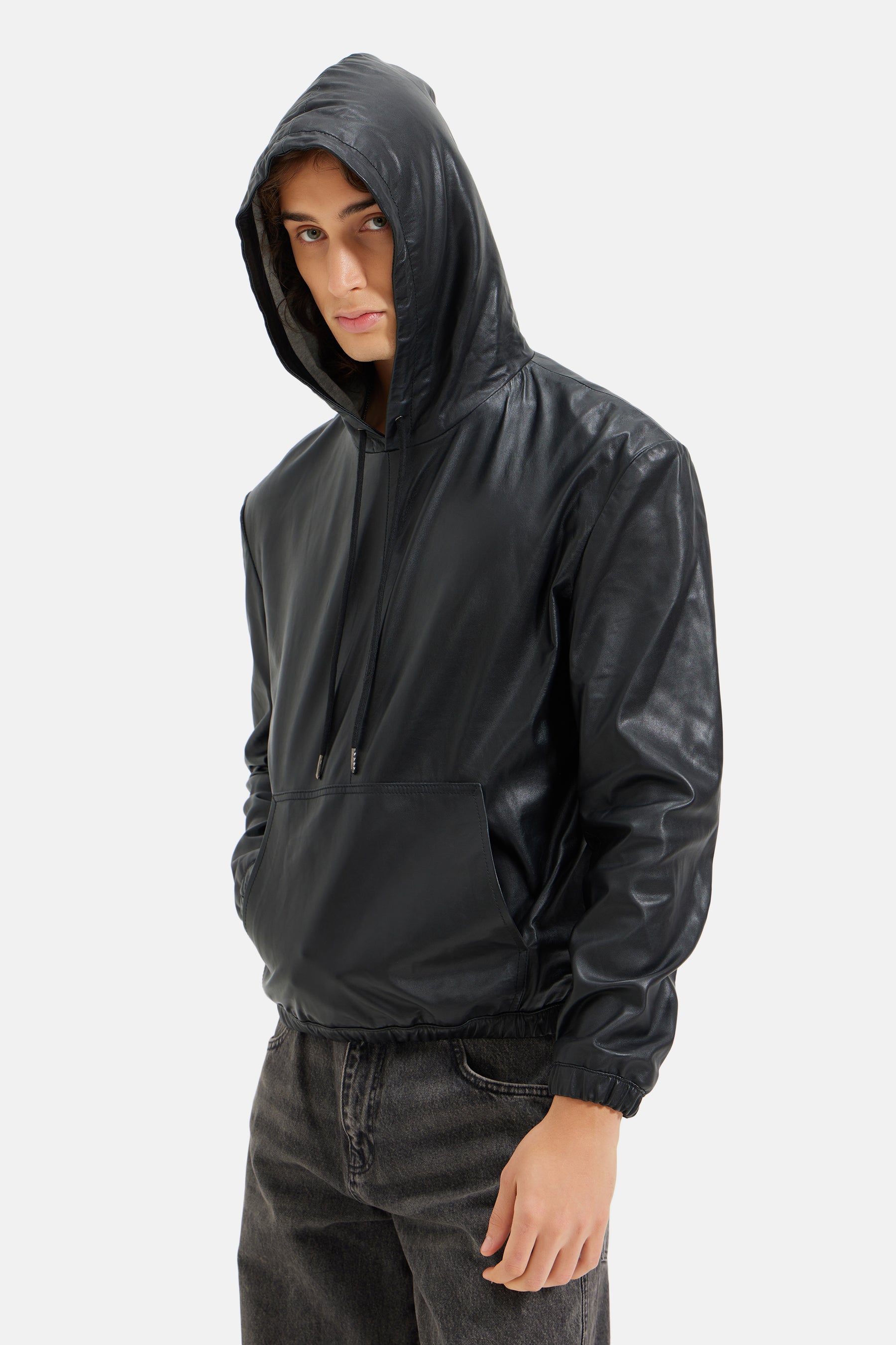 Alpha - Leather Oversized Hoodie - Black