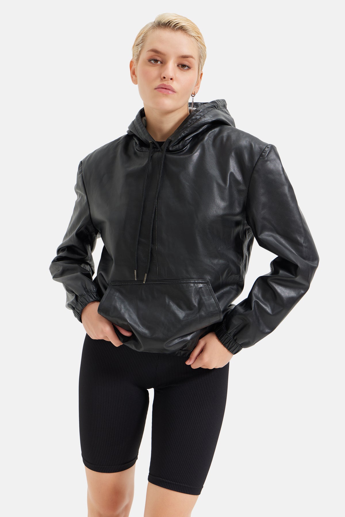 Alpha - Leather Oversized Hoodie - Black