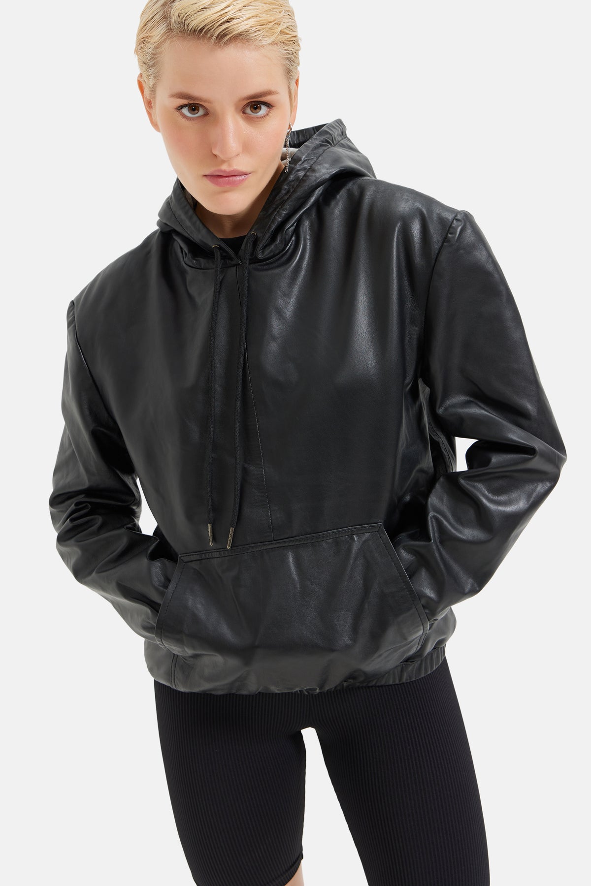 Alpha - Leather Oversized Hoodie - Black