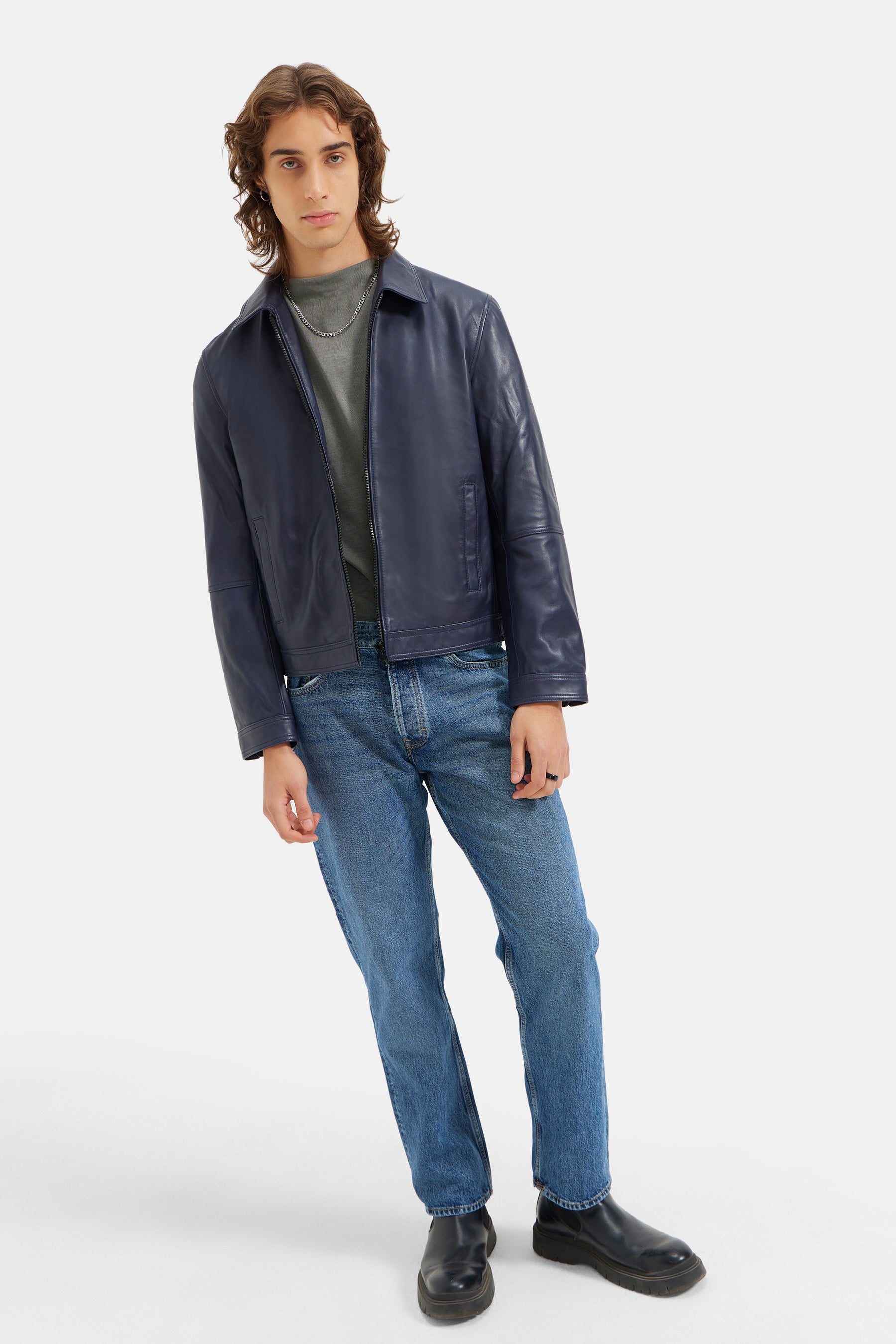 Lucas - Leather Zipper Jacket - Blue