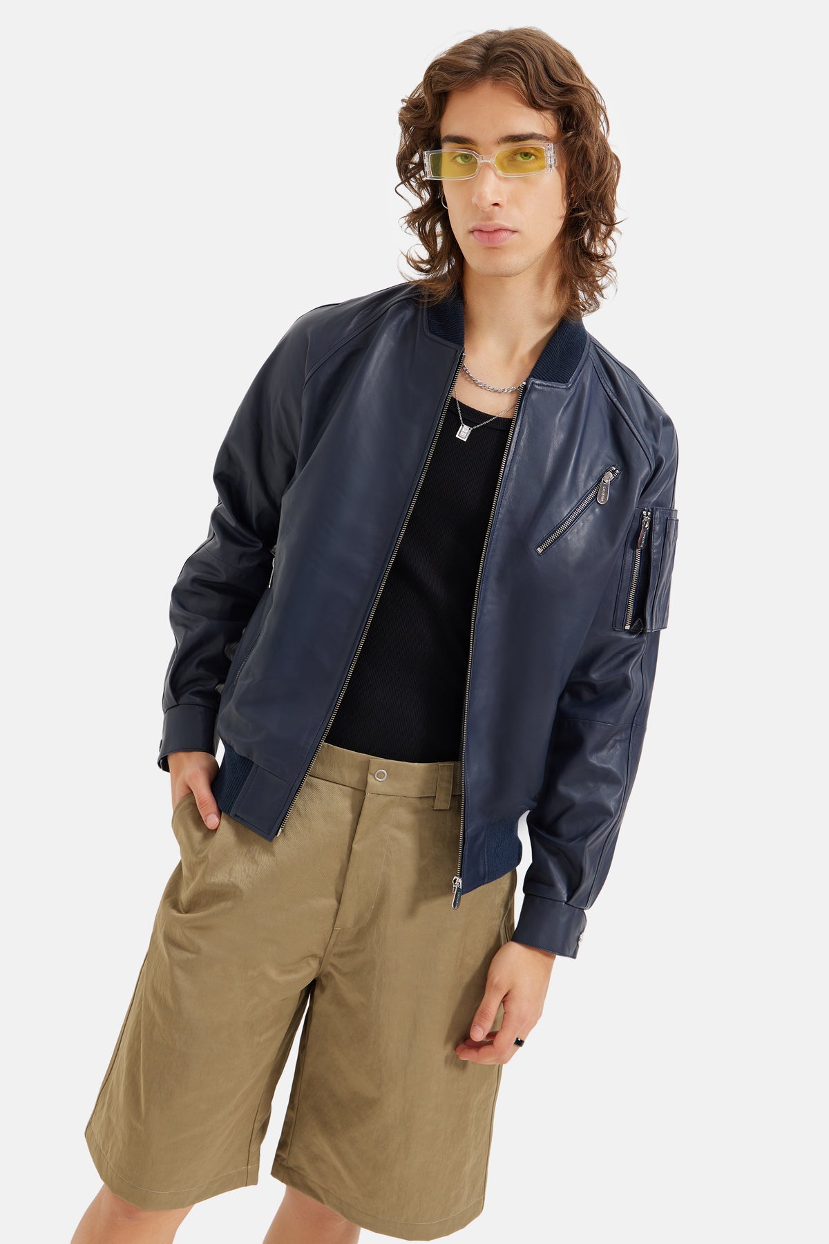 Rider - Utility Bomber Leather Jacket - Navy Blue